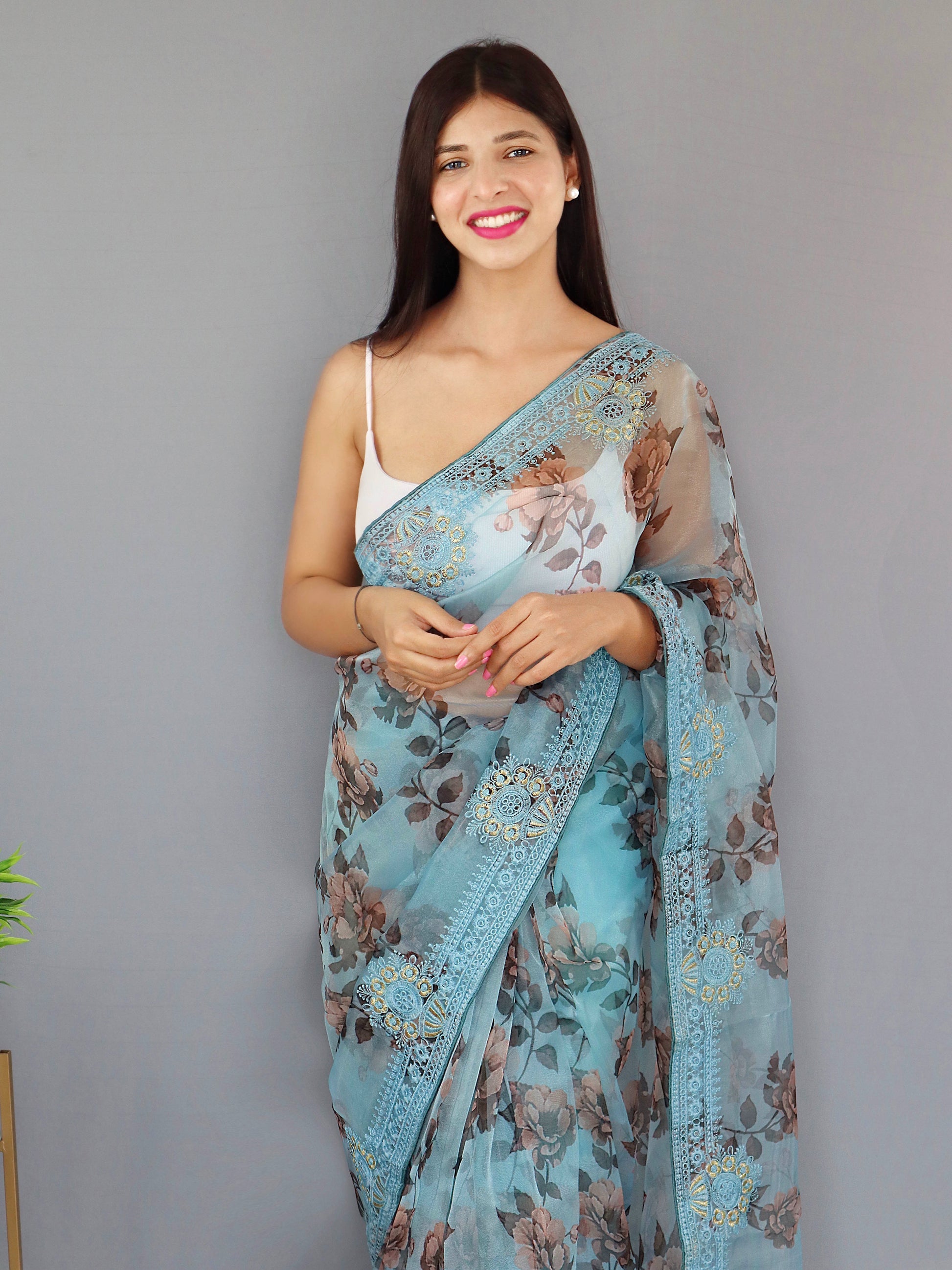 Buy MySilkLove Glacier Blue Organza Digital Floral Printed Saree Online