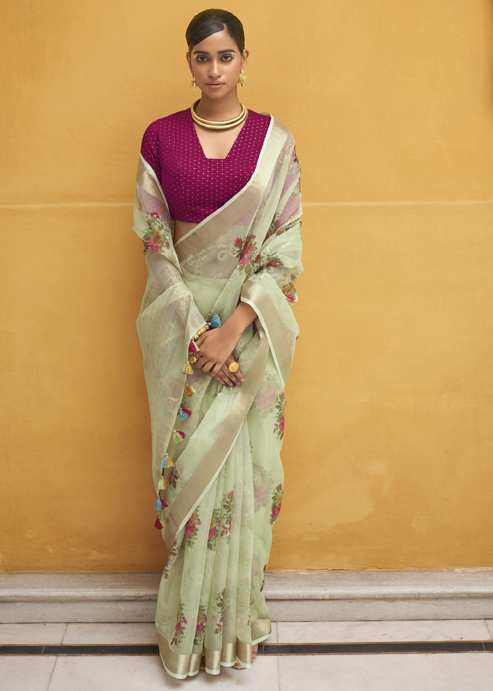 Buy MySilkLove Beryl Green Digital Print Organza Silk Saree Online