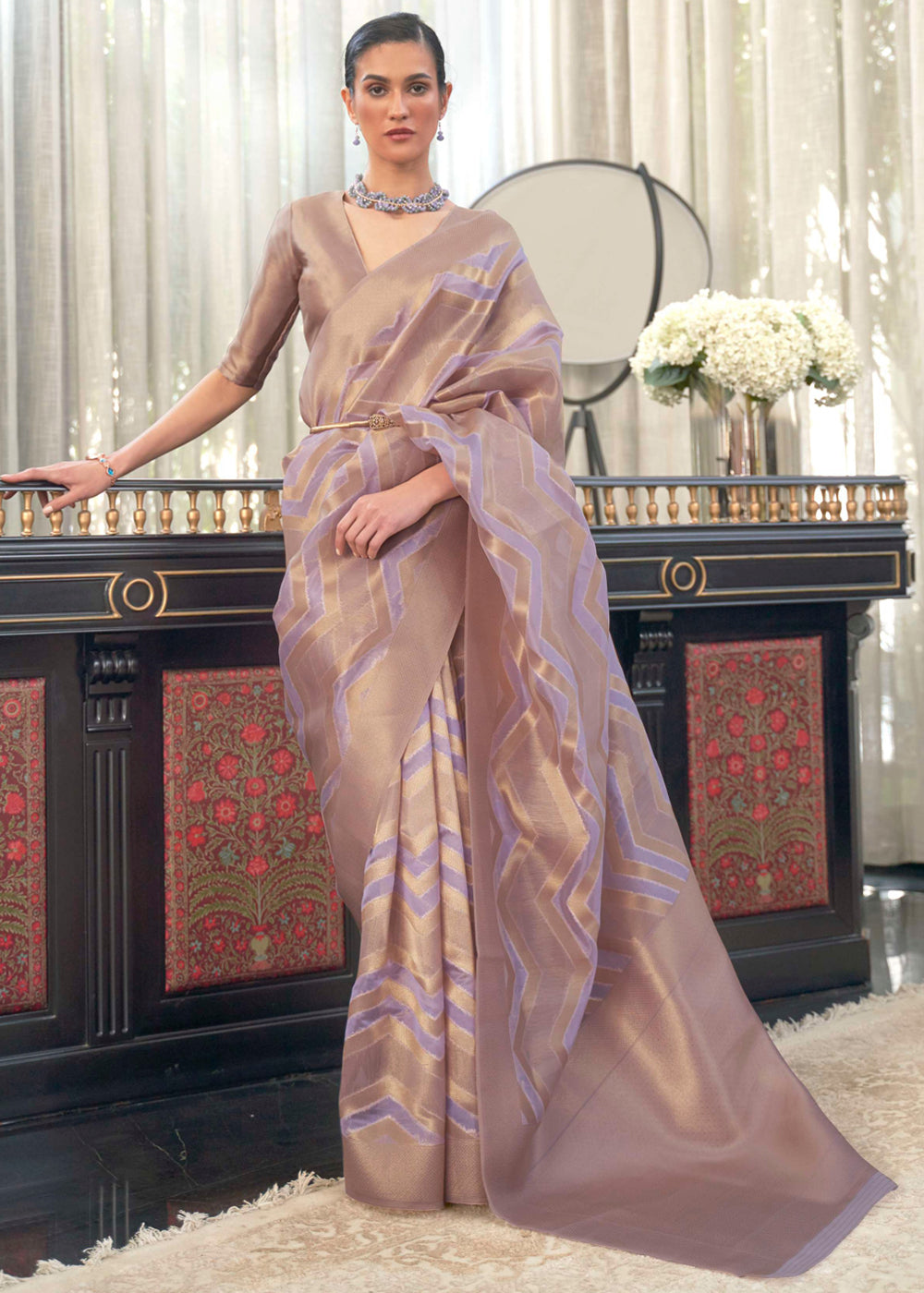 Buy MySilkLove Snuff Purple Woven Organza Banarasi Silk Saree Online