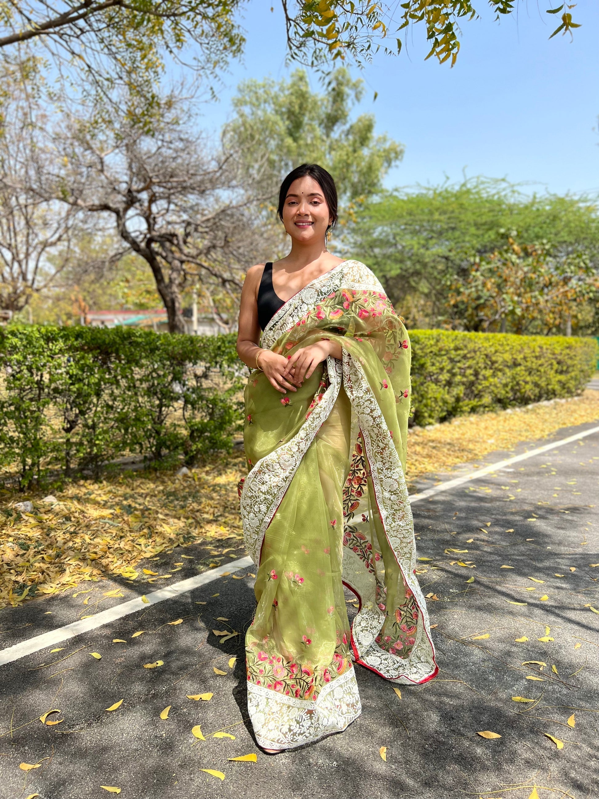 Buy MySilkLove Willow Green Lucknowi Chikankari Organza Silk Saree Online