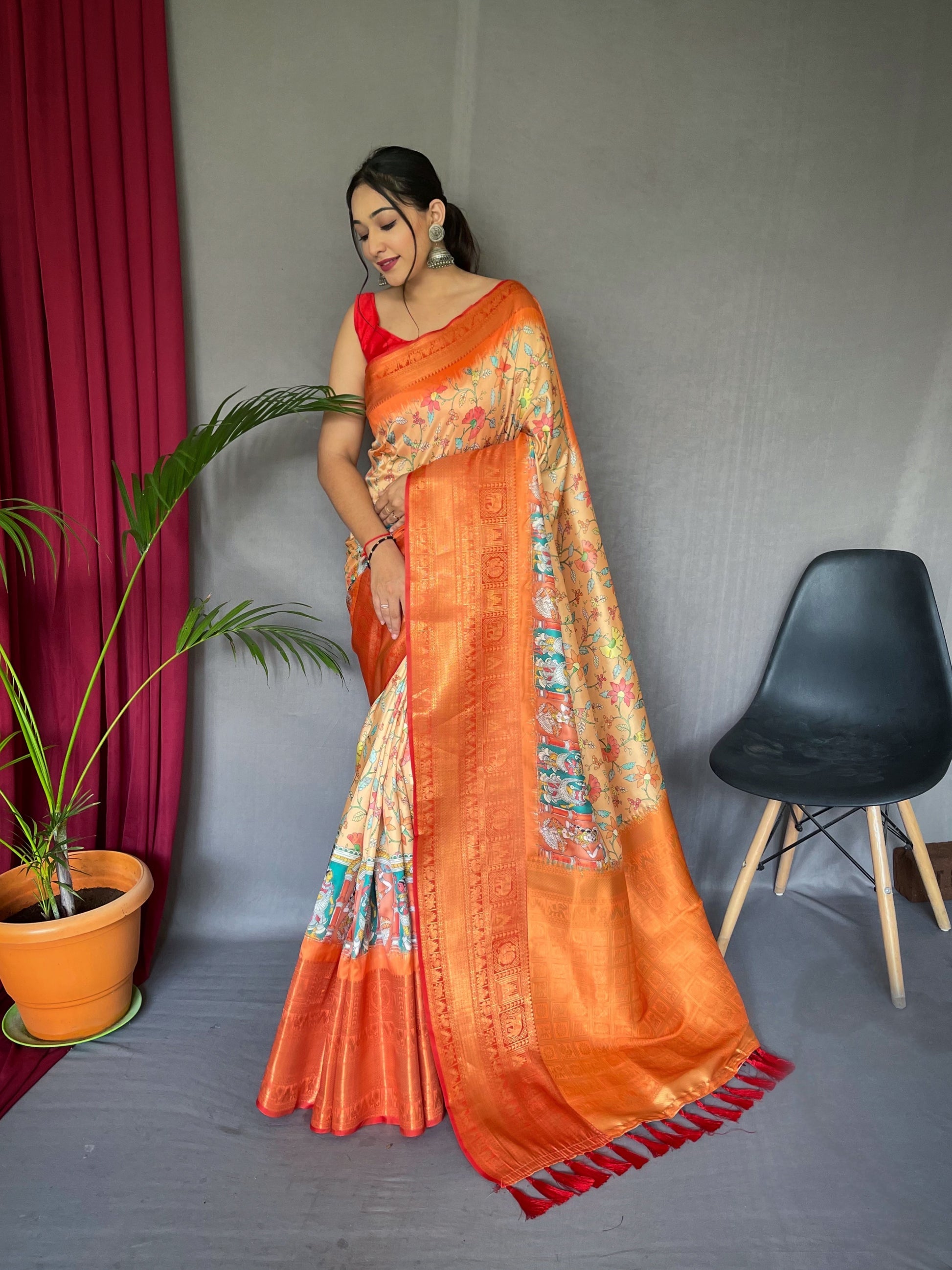 Buy MySilkLove Atomic Tangerine Orange Kalmkari Saree Online