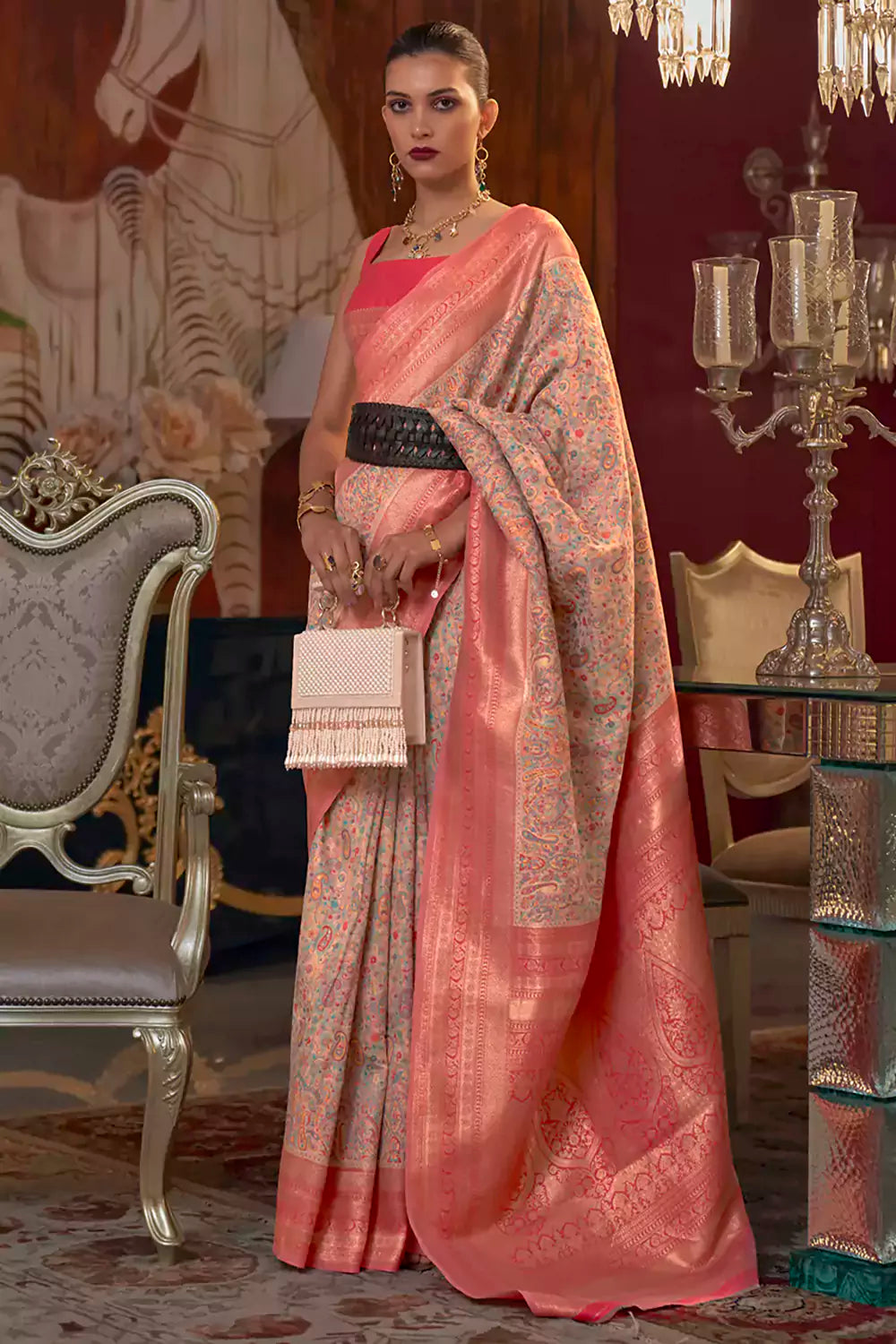 Buy MySilkLove Tacao Peach Kashmiri Jamewar Silk Saree Online