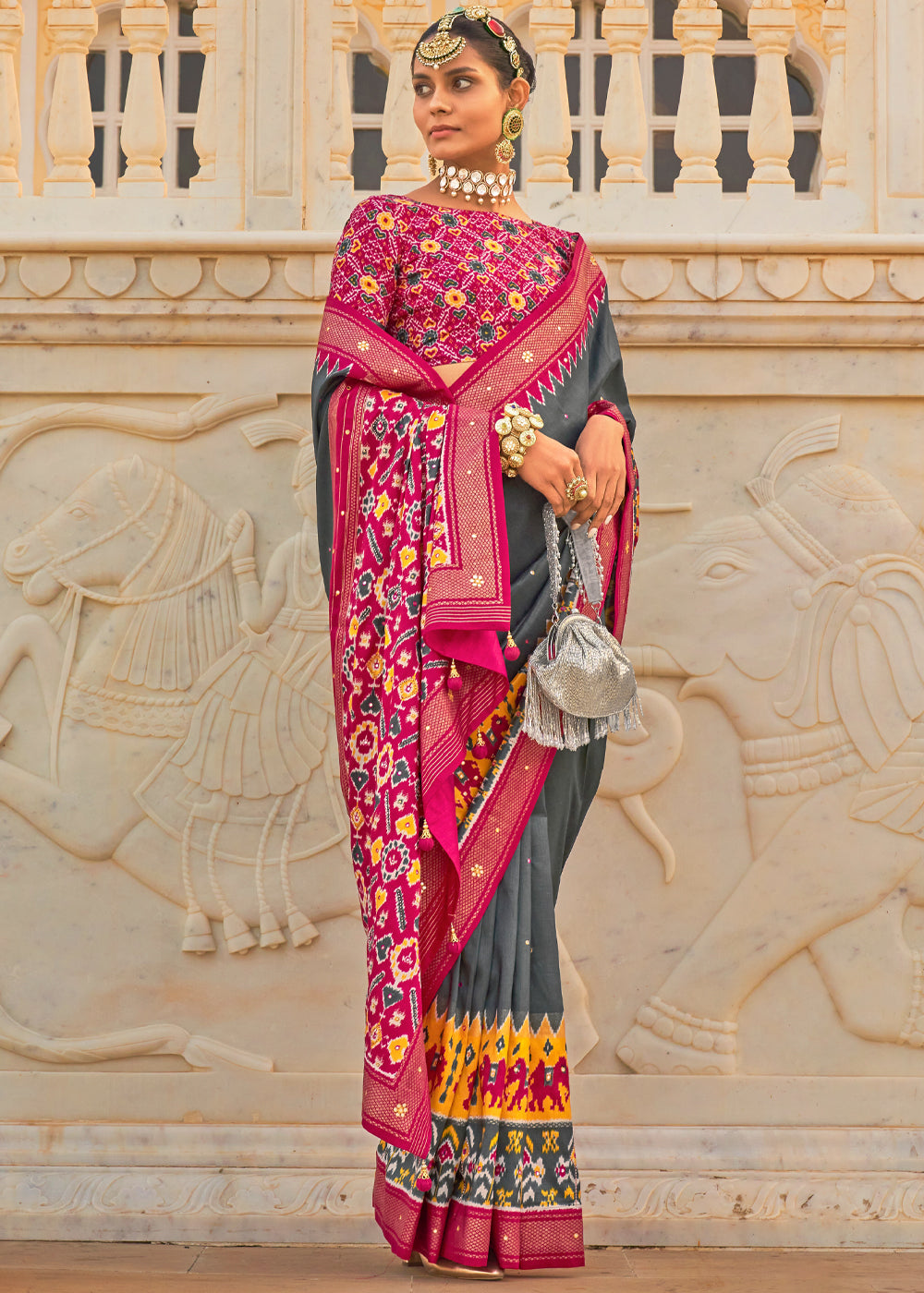 Buy MySilkLove Scarpa Flow Grey and Pink Woven Patola Silk Saree Online