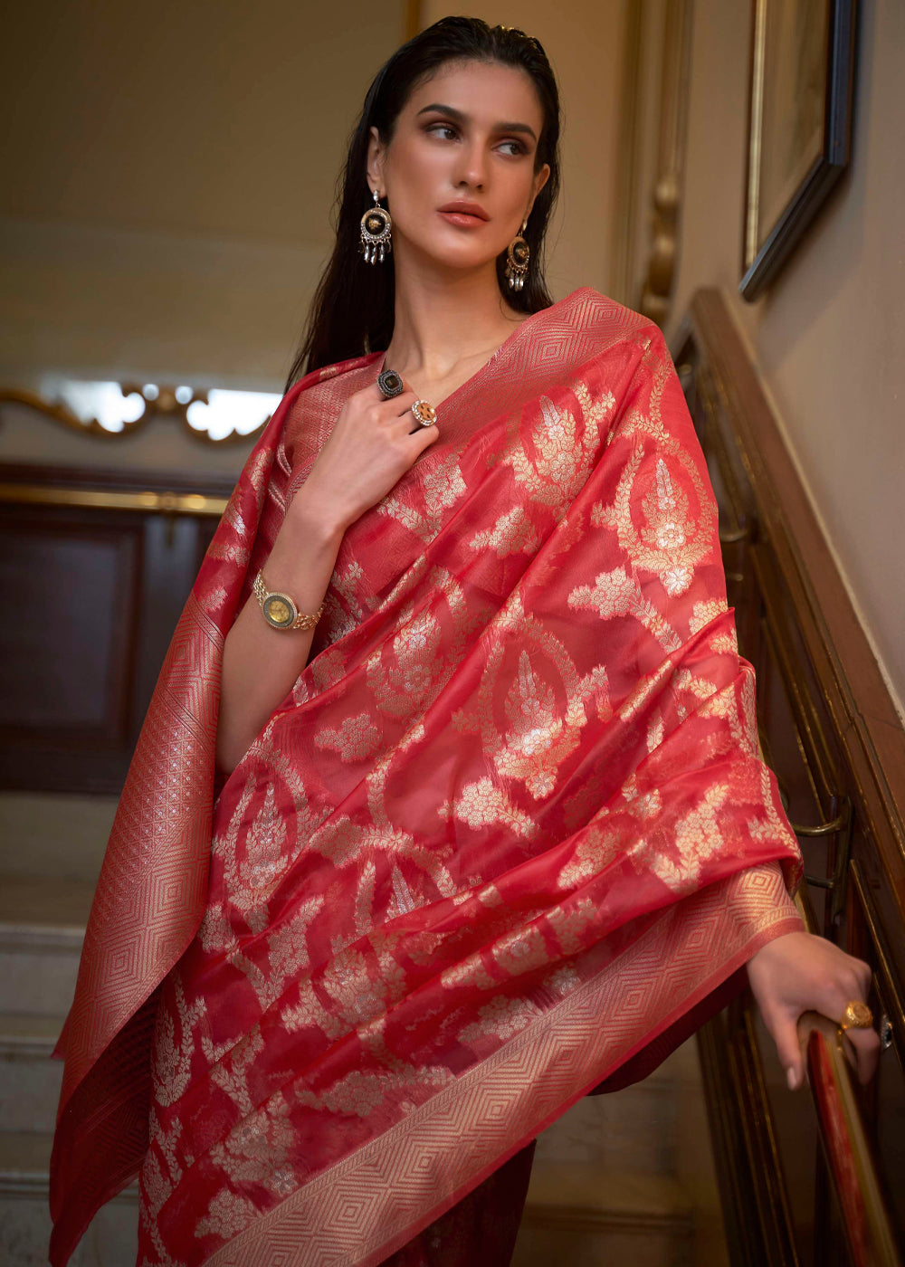 Buy MySilkLove Poppy Red Woven Organza Banarasi Silk Saree Online