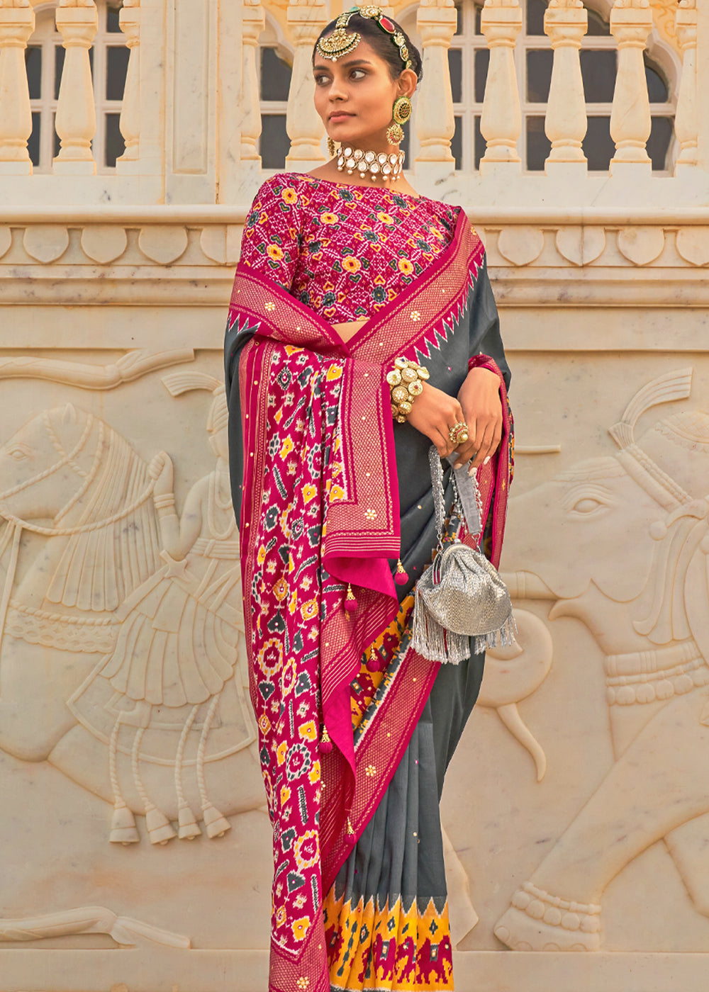 Buy MySilkLove Scarpa Flow Grey and Pink Woven Patola Silk Saree Online
