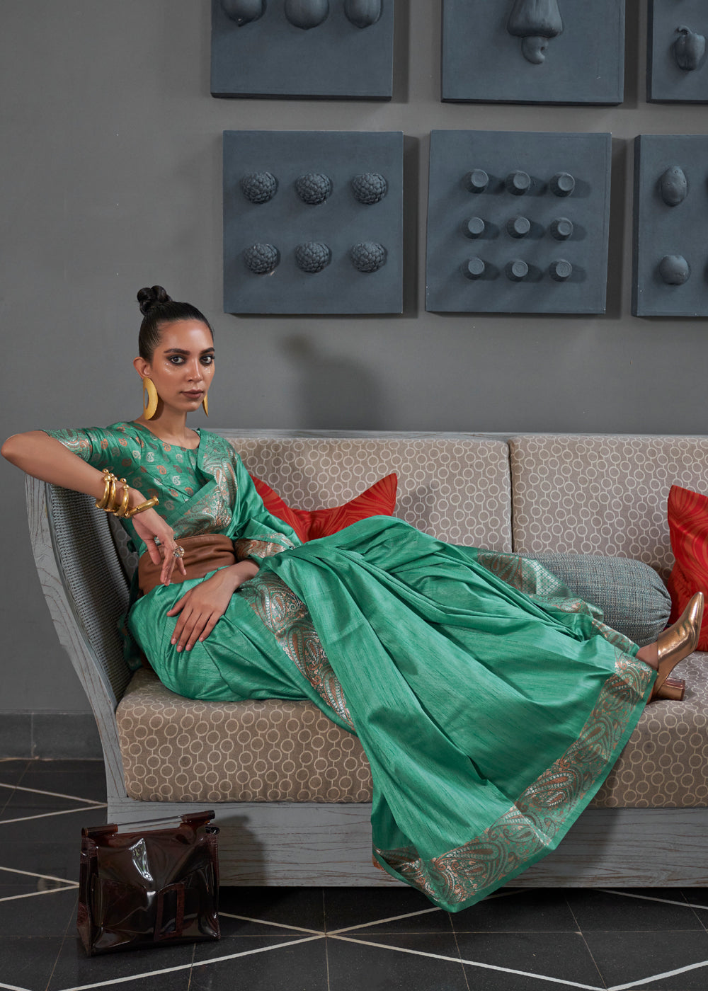 Buy MySilkLove Eucalyptus Green Woven Brocade Tussar Silk Saree Online