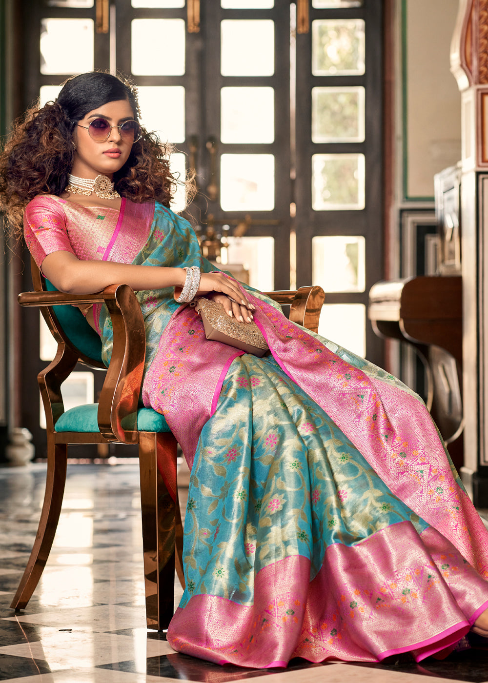 Buy MySilkLove Sea Nymph Blue and Pink Woven Banarasi Organza Silk Saree Online