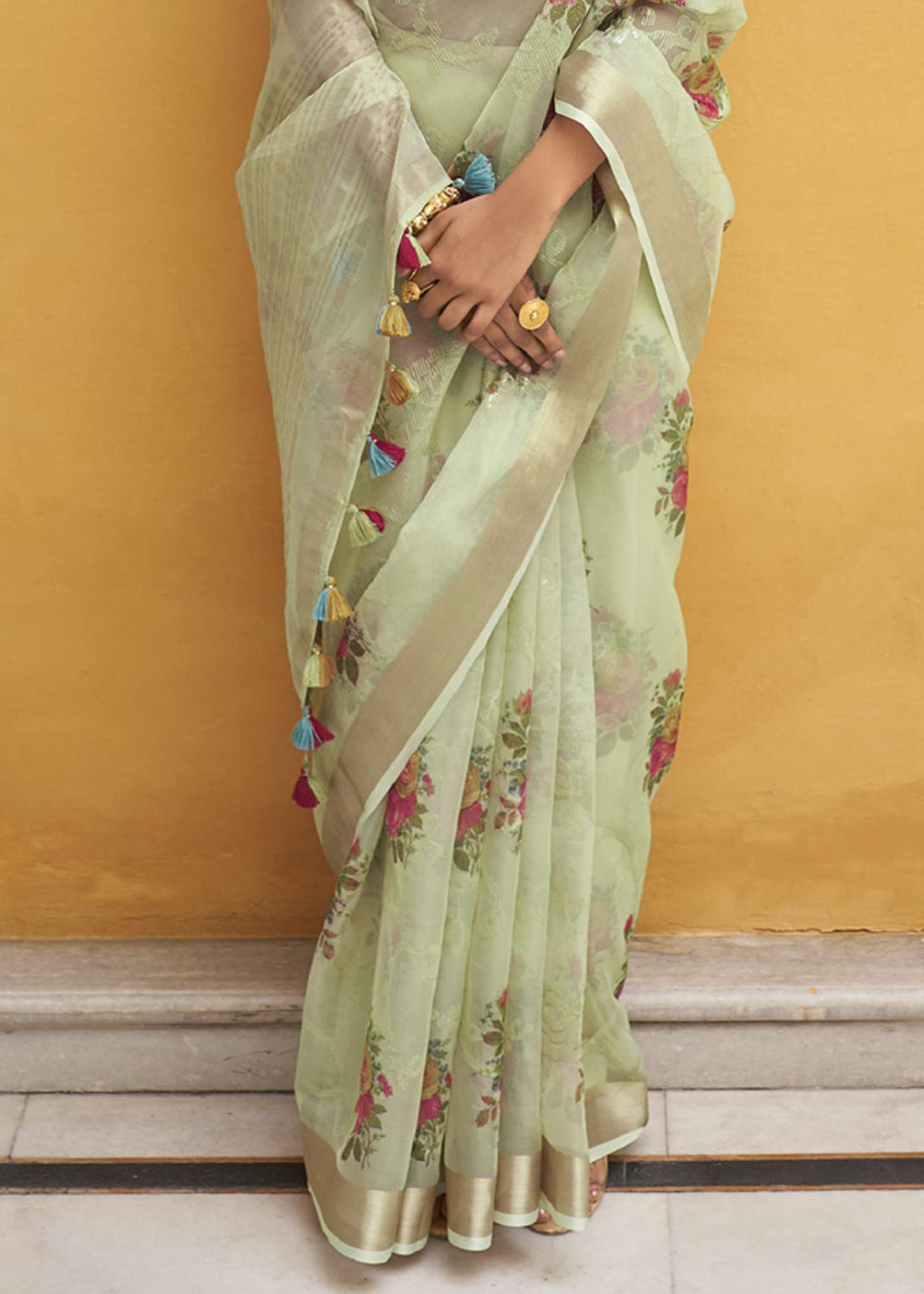 Buy MySilkLove Beryl Green Digital Print Organza Silk Saree Online