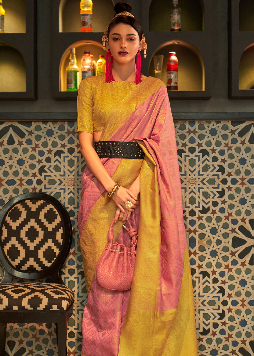 Buy MySilkLove Vivid Tangerine Pink and Yellow Banarasi Woven Silk Saree Online