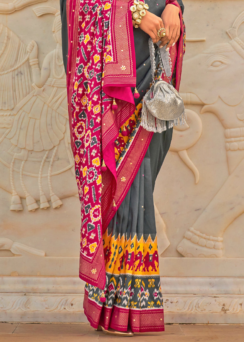 Buy MySilkLove Scarpa Flow Grey and Pink Woven Patola Silk Saree Online