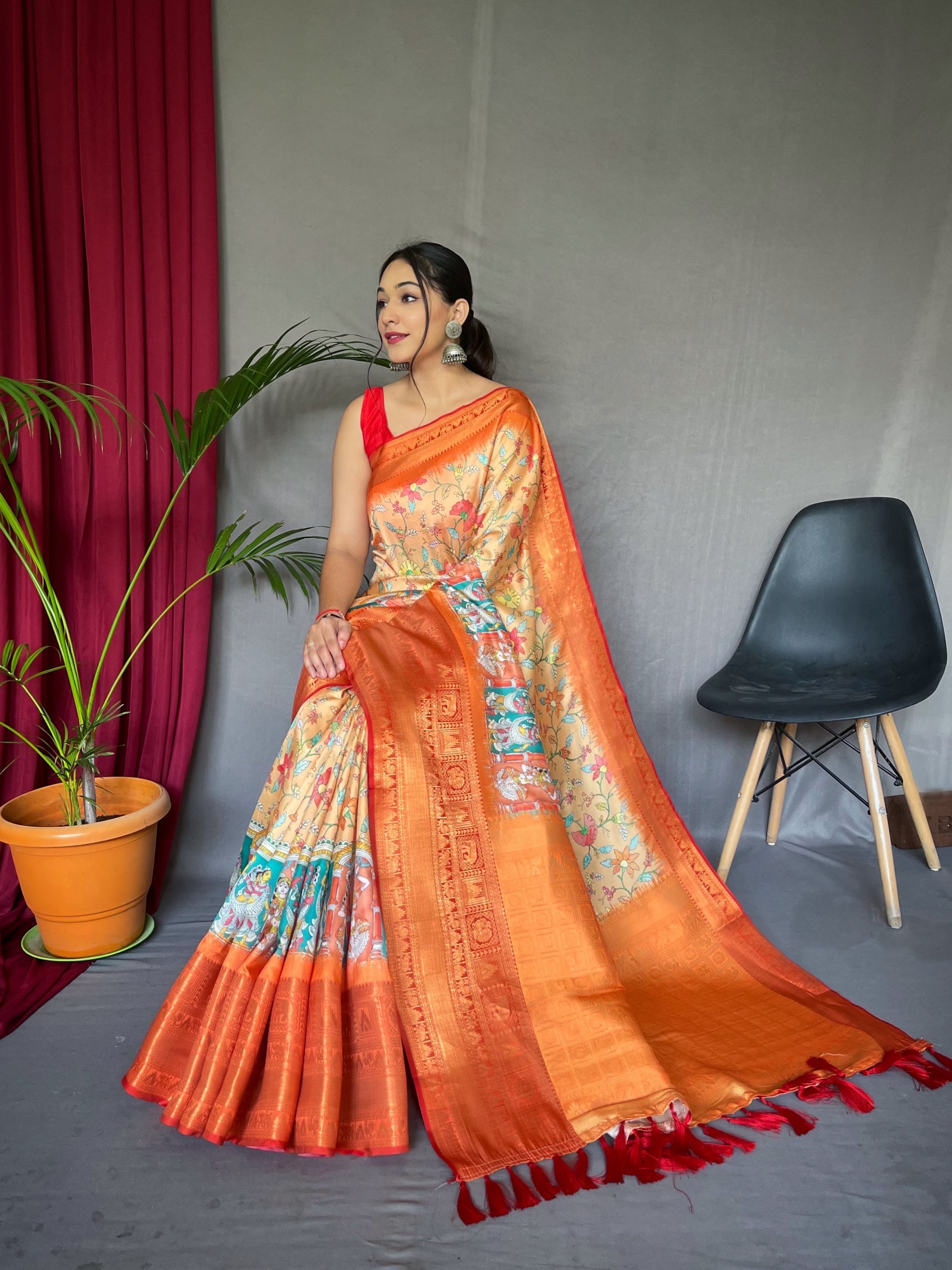 Buy MySilkLove Atomic Tangerine Orange Kalmkari Saree Online