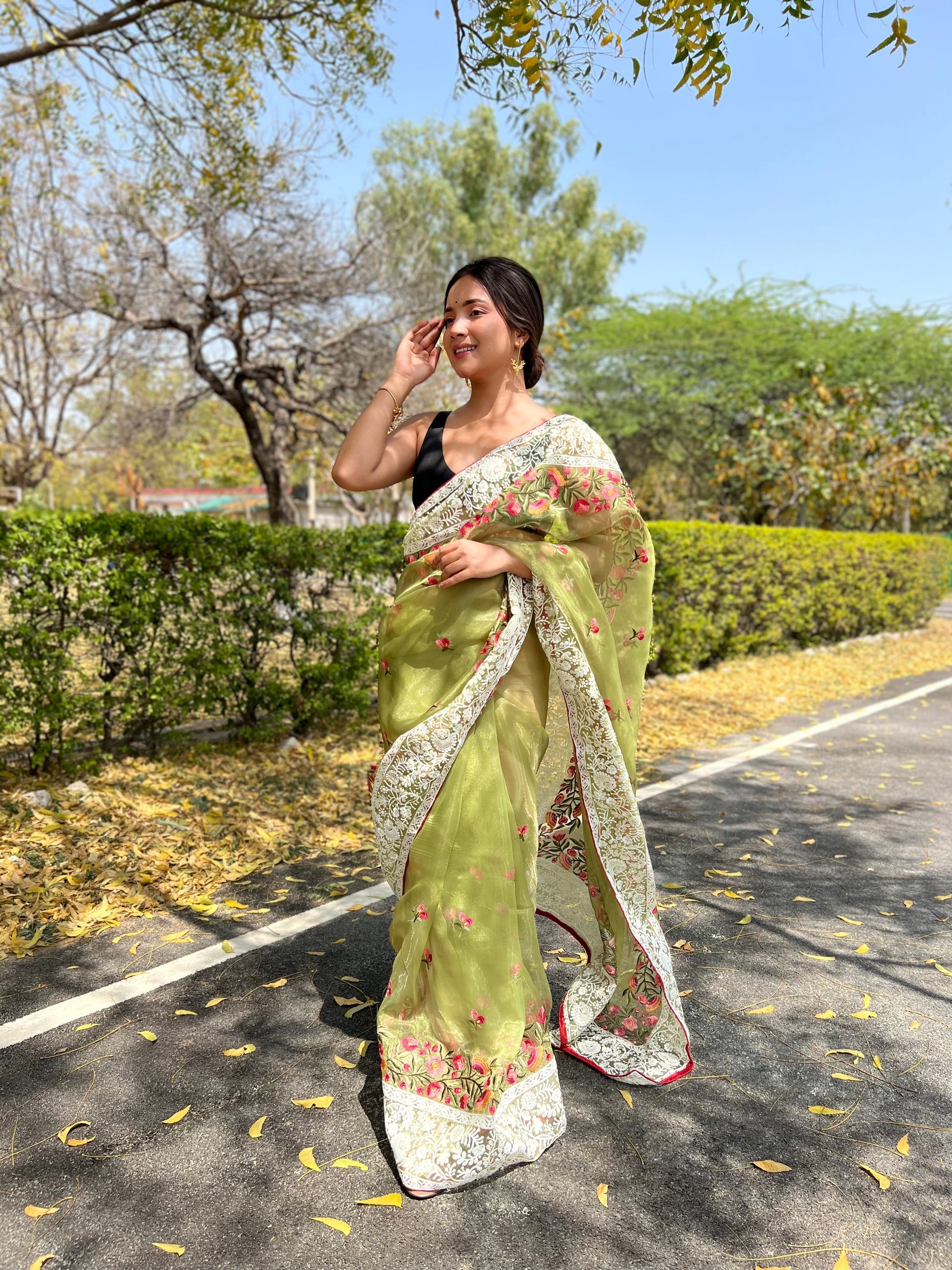 Buy MySilkLove Willow Green Lucknowi Chikankari Organza Silk Saree Online