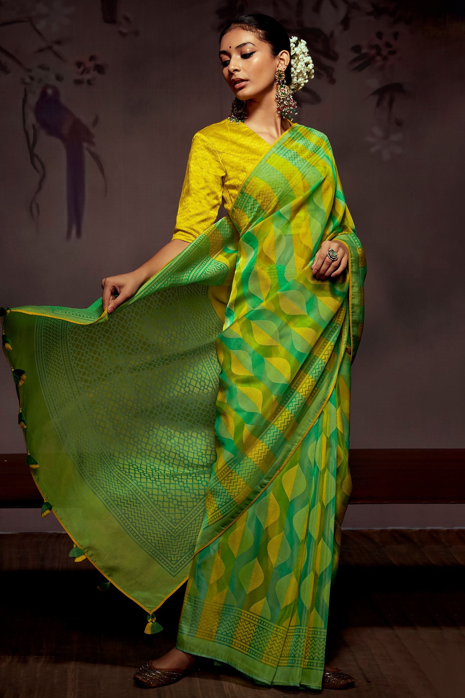 Buy MySilkLove Atlantis Green Printed Brasso Saree Online