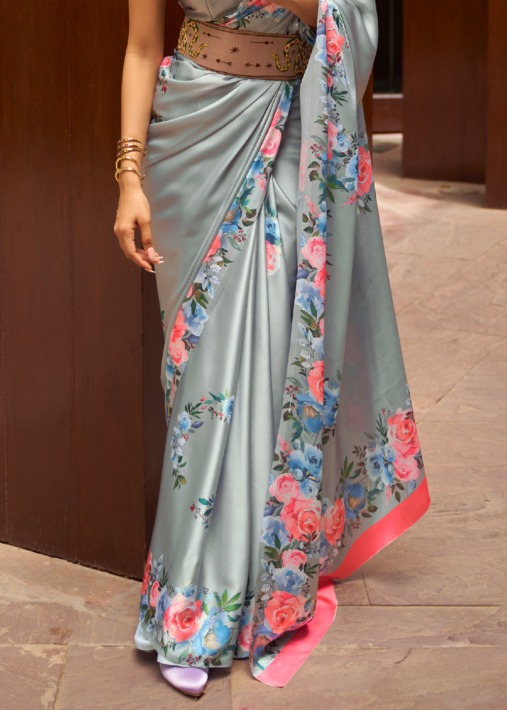 Buy MySilkLove Pumice Grey Floral Printed Satin Silk Saree Online