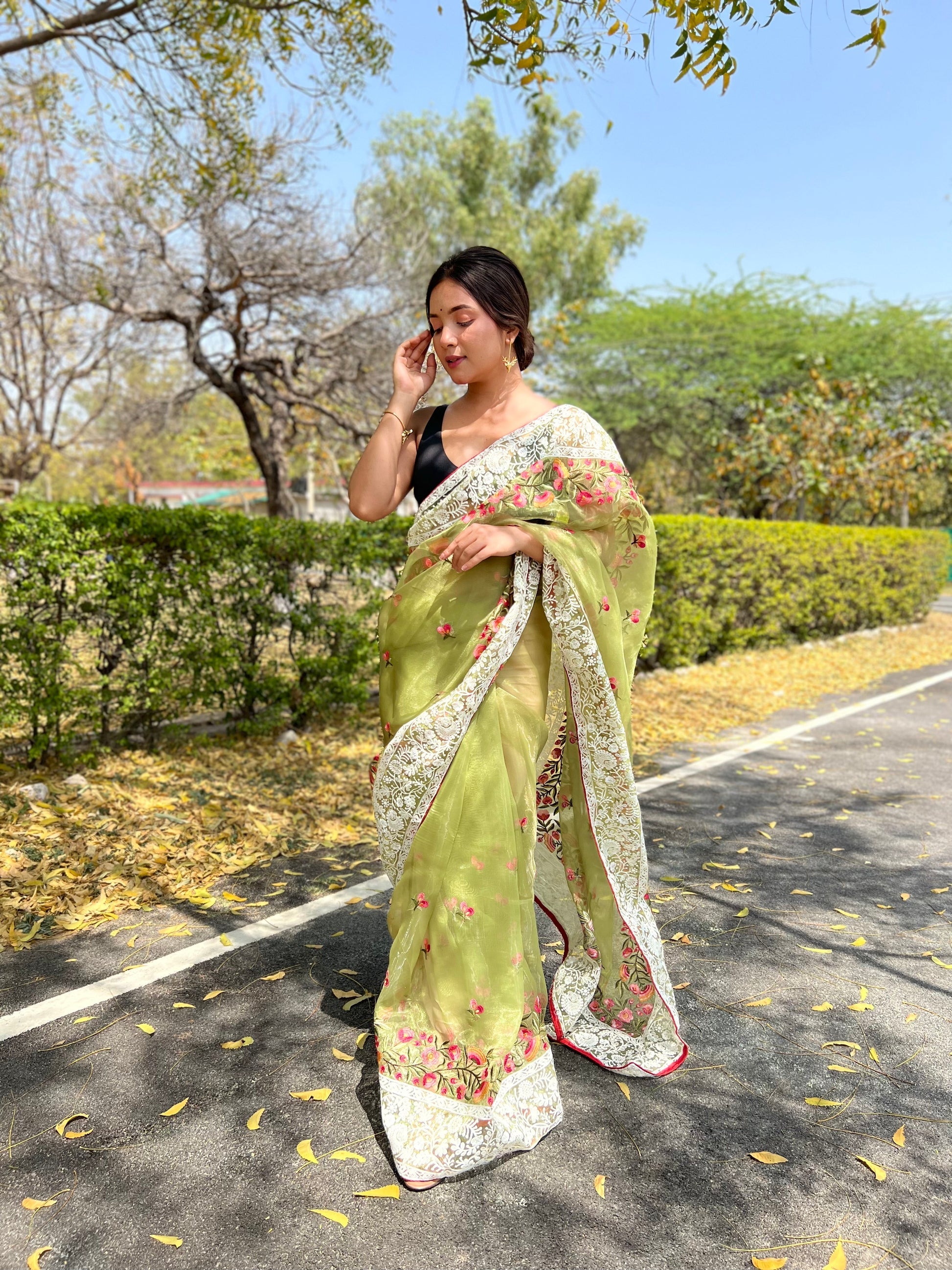 Buy MySilkLove Willow Green Lucknowi Chikankari Organza Silk Saree Online