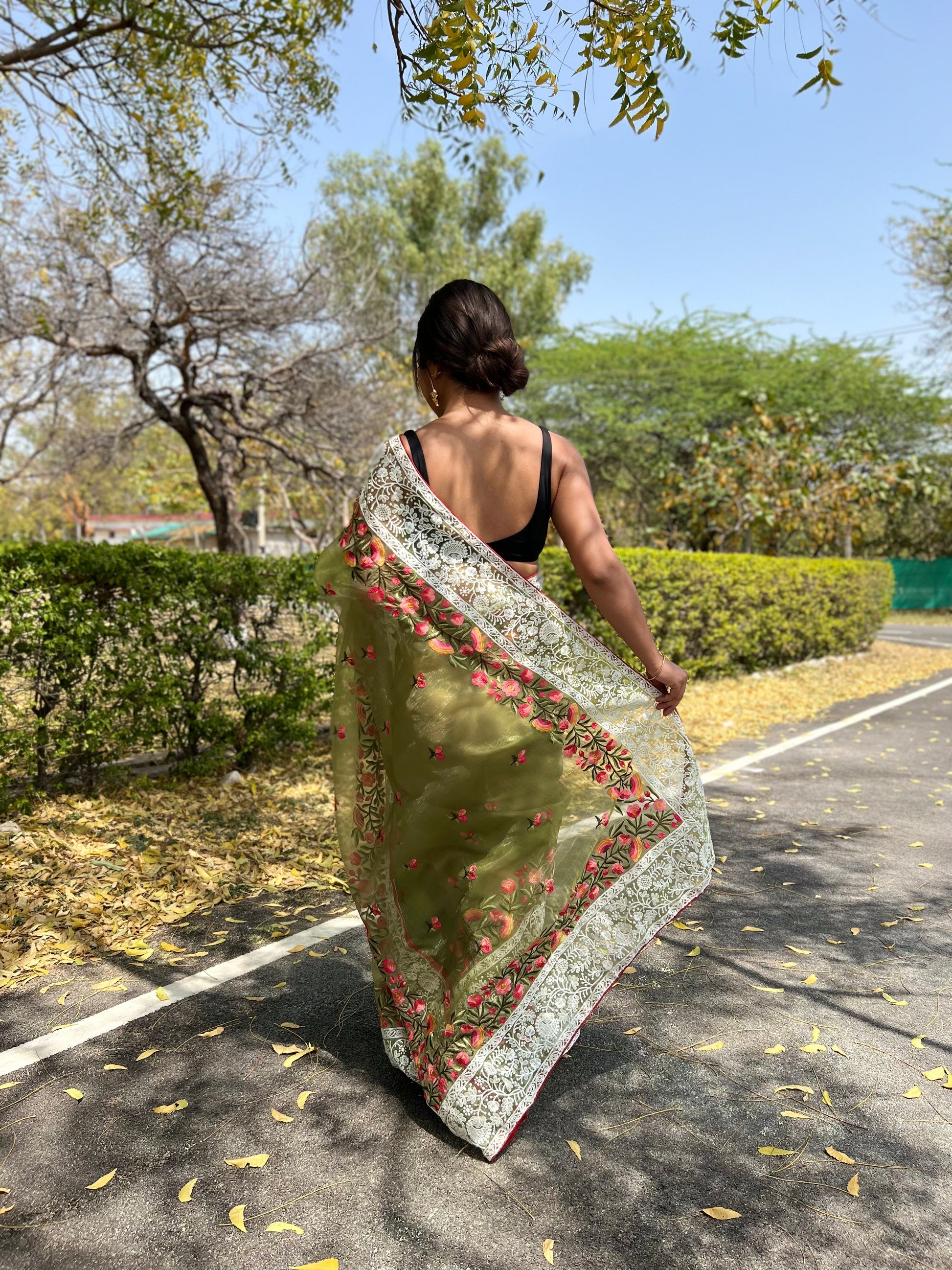 Buy MySilkLove Willow Green Lucknowi Chikankari Organza Silk Saree Online