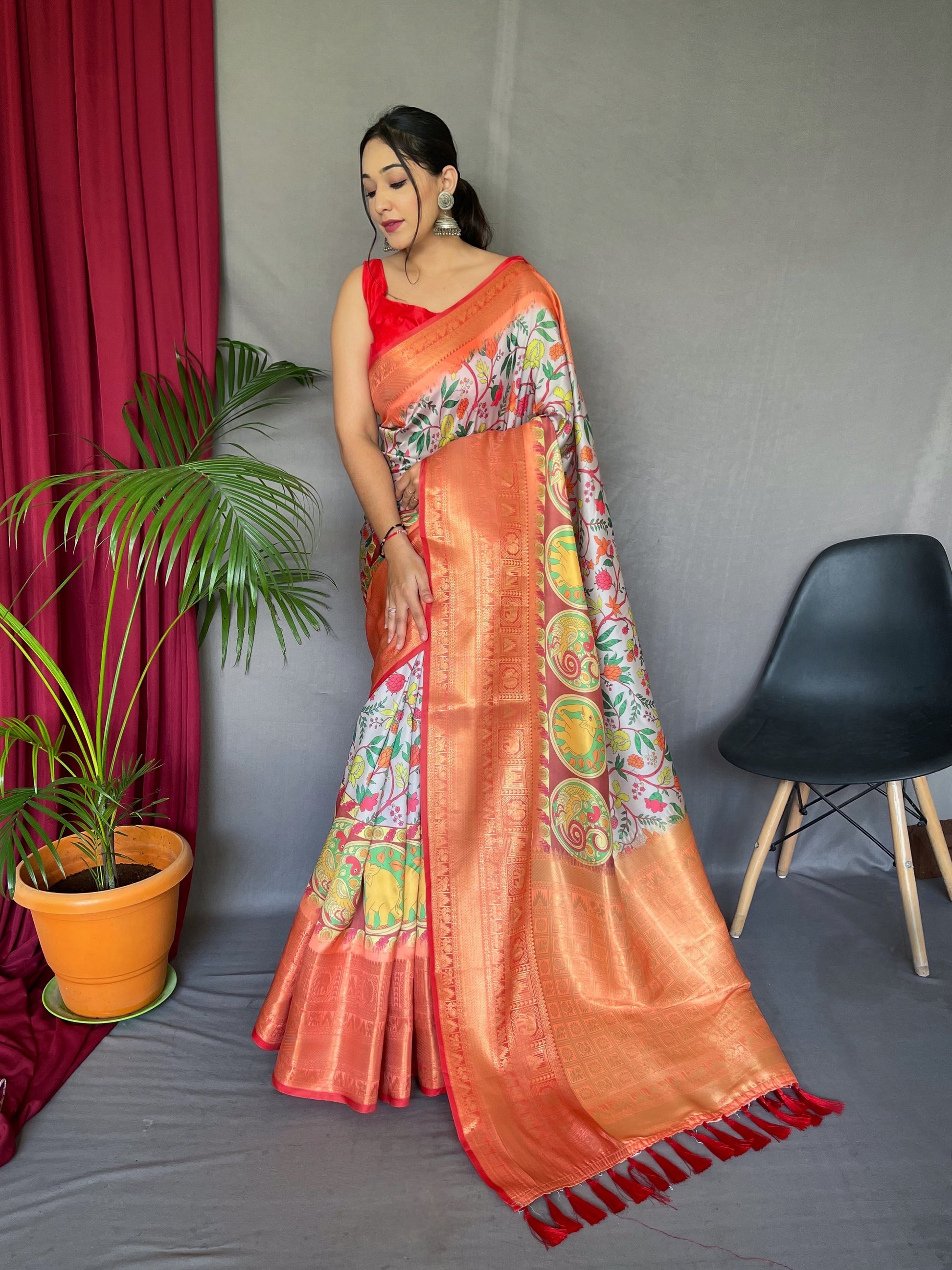 Buy MySilkLove Rock White and Red Kalamkari Saree Online