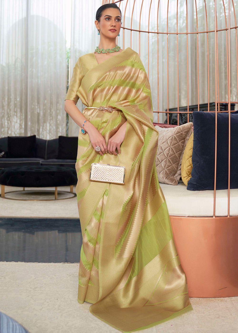 Buy MySilkLove Husk Green Woven Organza Banarasi Silk Saree Online