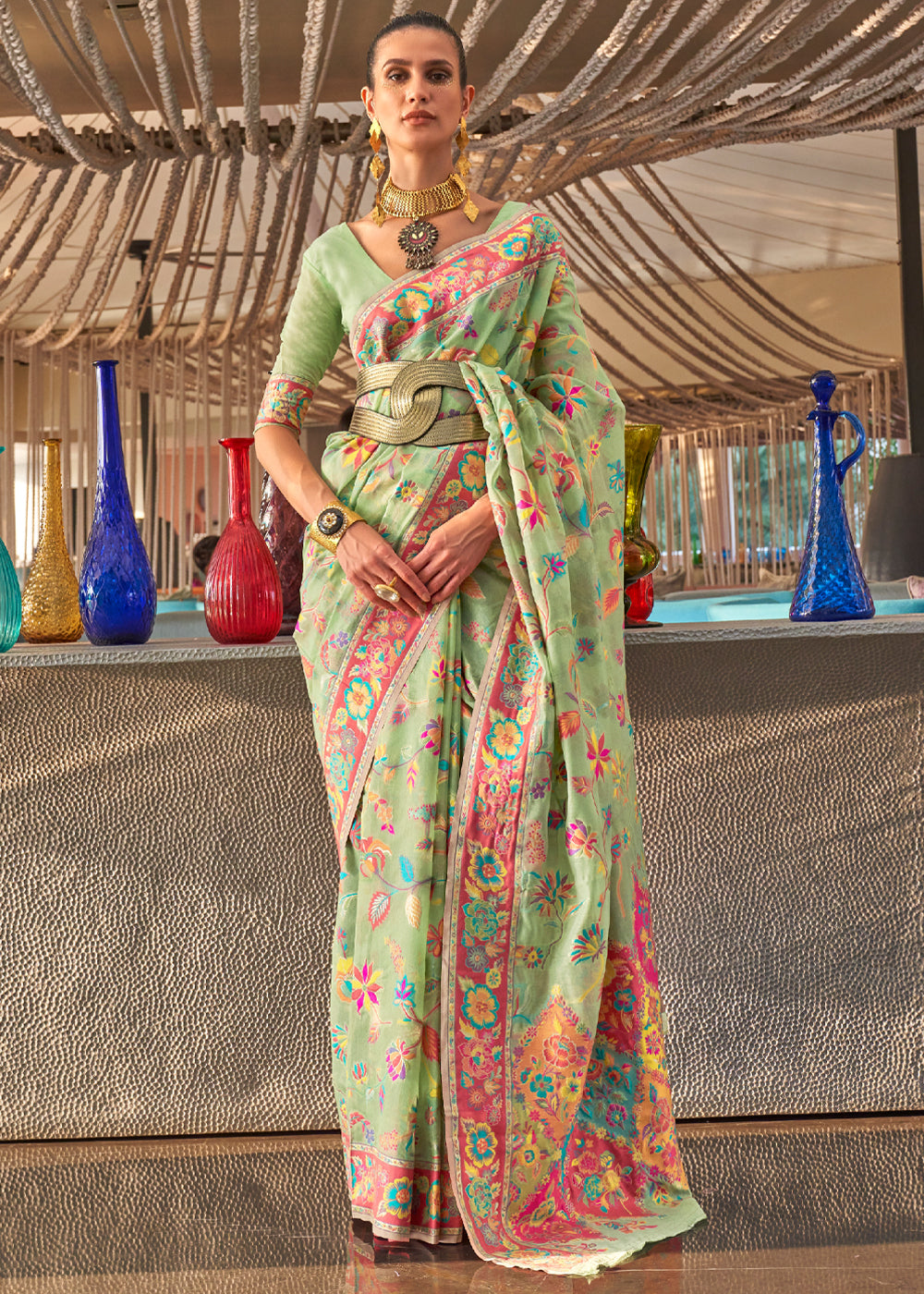 Buy MySilkLove Misty Moss Green Jamewar Kashmiri Cotton Silk Saree Online