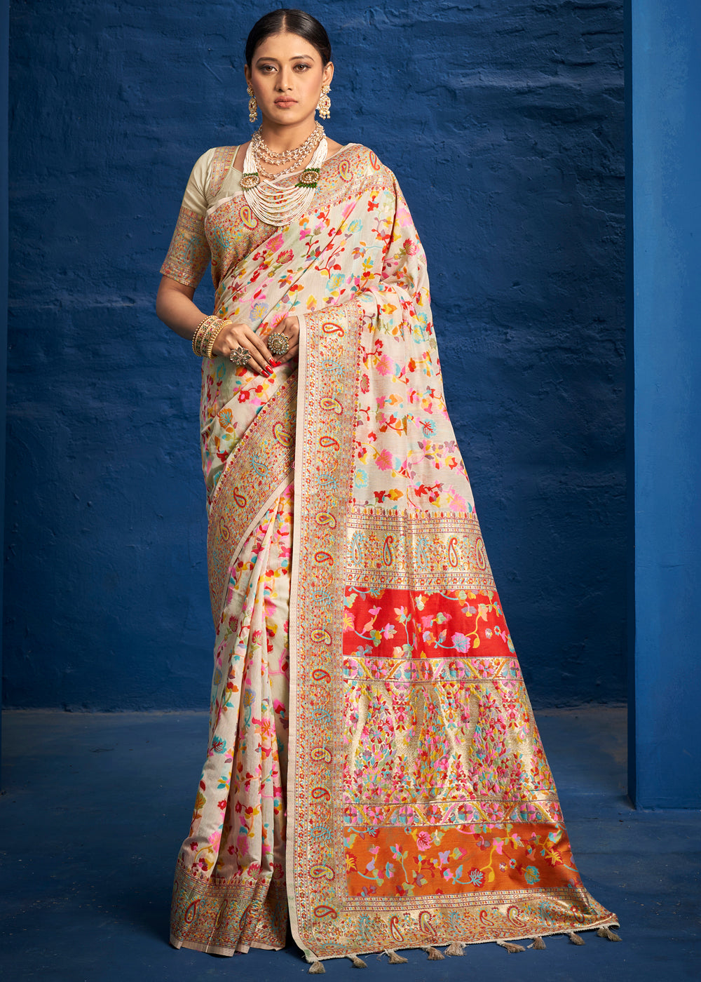 Buy MySilkLove Australian Mint Cream Woven Banarasi Jamewar Saree Online