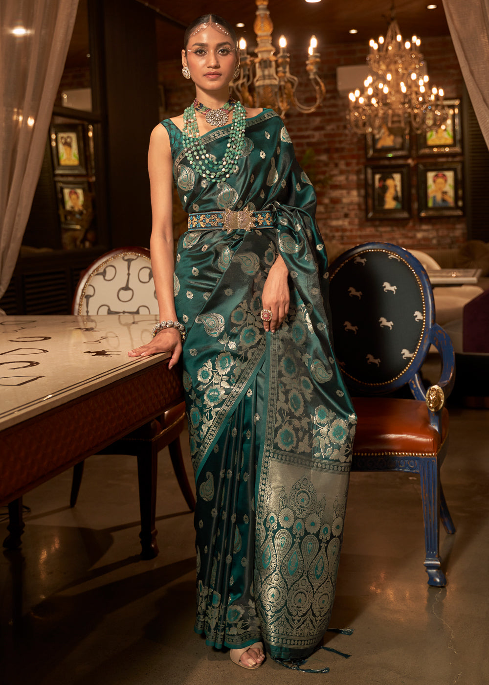 Buy MySilkLove Mineral Green Banarasi Woven Satin Silk Saree Online