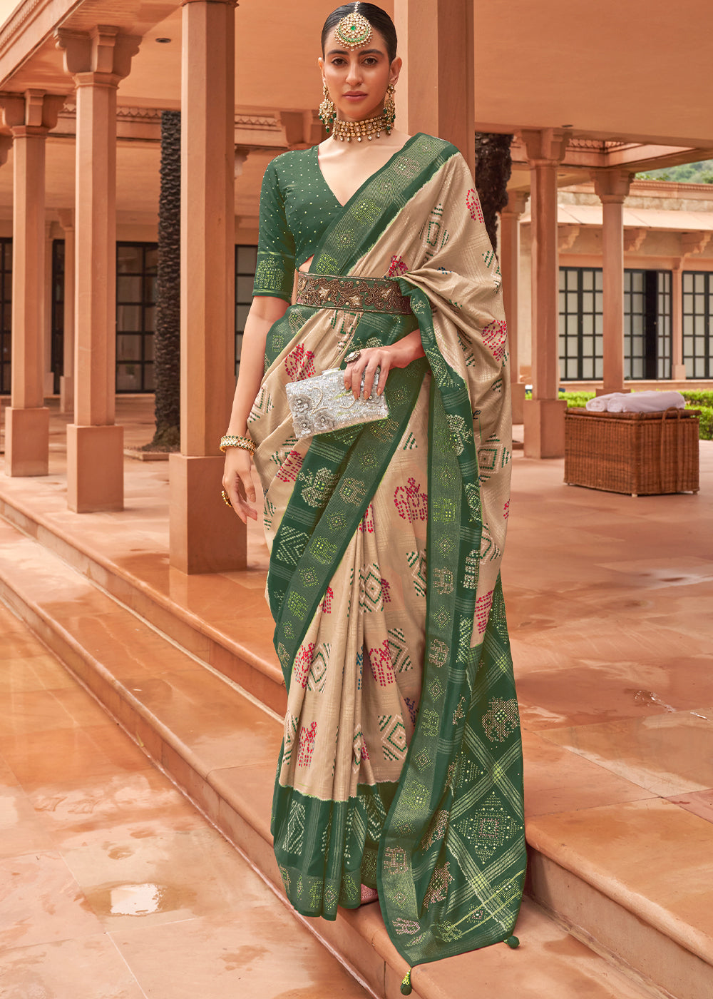 Buy MySilkLove Calico Brown and Green Patola Silk Saree Online