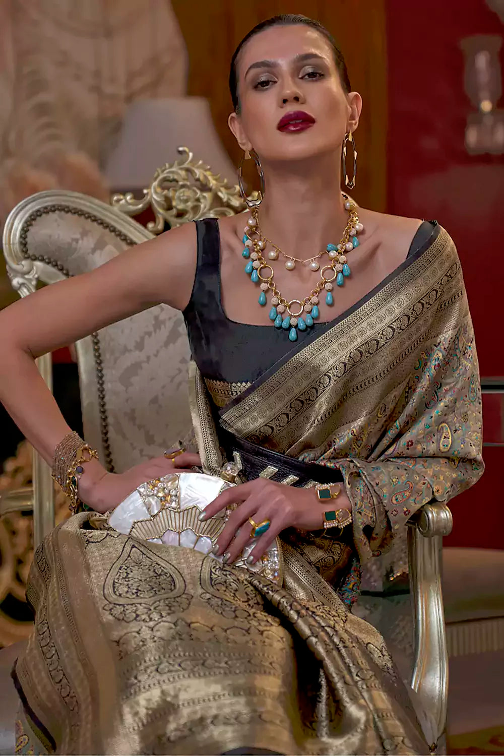 Buy MySilkLove Smoke grey and Golden Kashmiri Jamewar Silk Saree Online