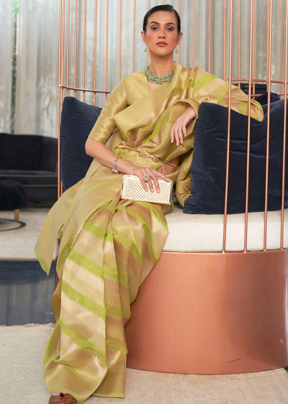 Buy MySilkLove Husk Green Woven Organza Banarasi Silk Saree Online