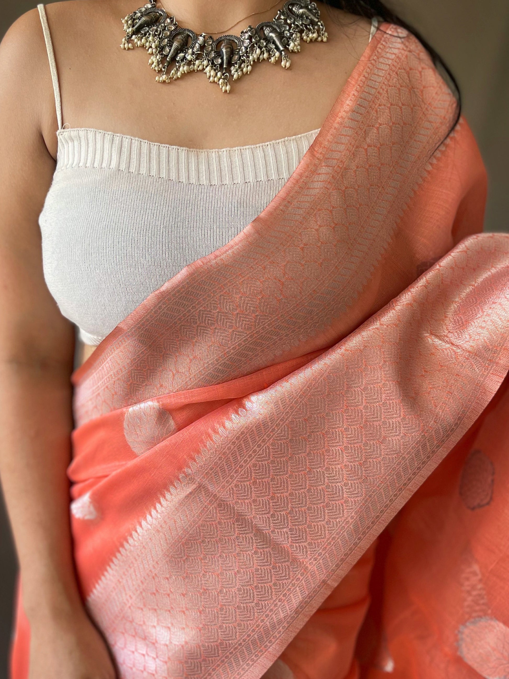Buy MySilkLove Rose Bud Peach Linen Silver Zari Woven Saree Online