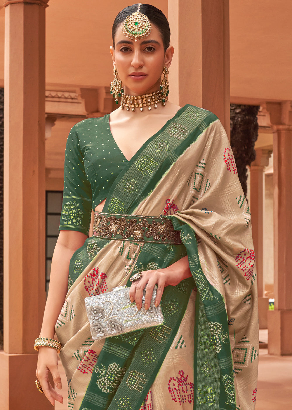 Buy MySilkLove Calico Brown and Green Patola Silk Saree Online