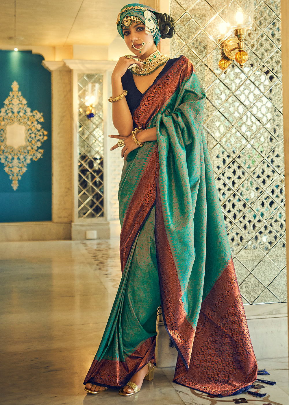 MySilkLove Eden Green and Blue Woven Kanjivaram Silk Saree