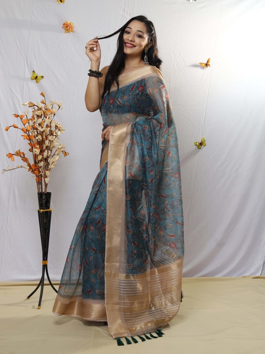 Buy MySilkLove Casper Blue Organza Kalamkari Printed with Sequins Jacquard Woven Saree Online