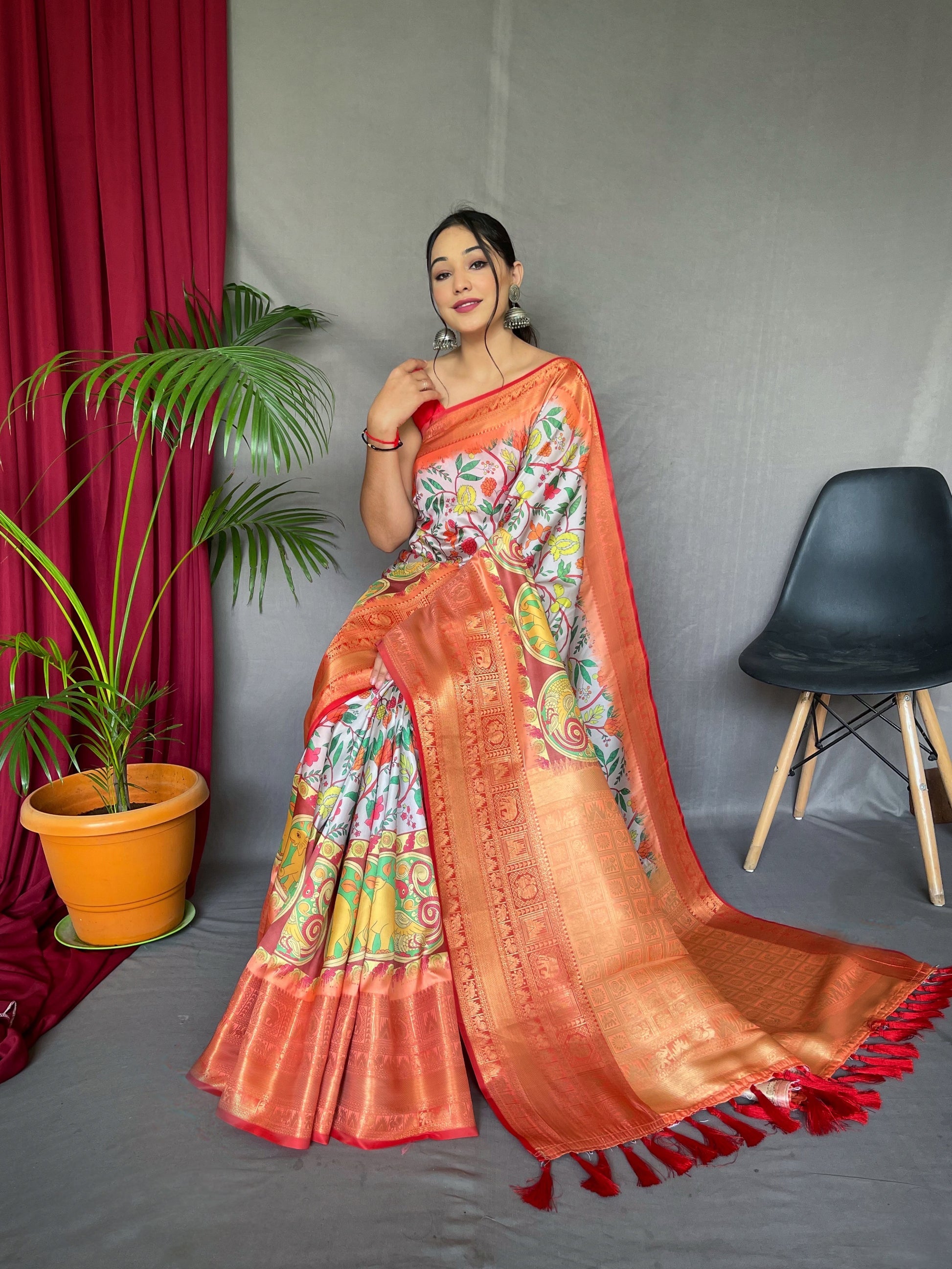 Buy MySilkLove Rock White and Red Kalamkari Saree Online