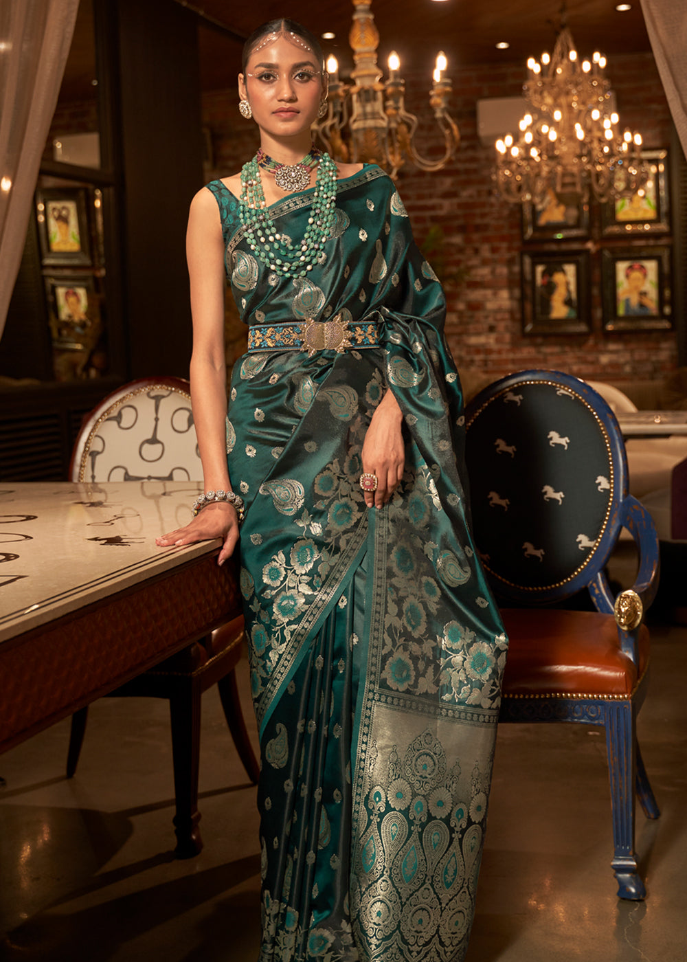 Buy MySilkLove Mineral Green Banarasi Woven Satin Silk Saree Online