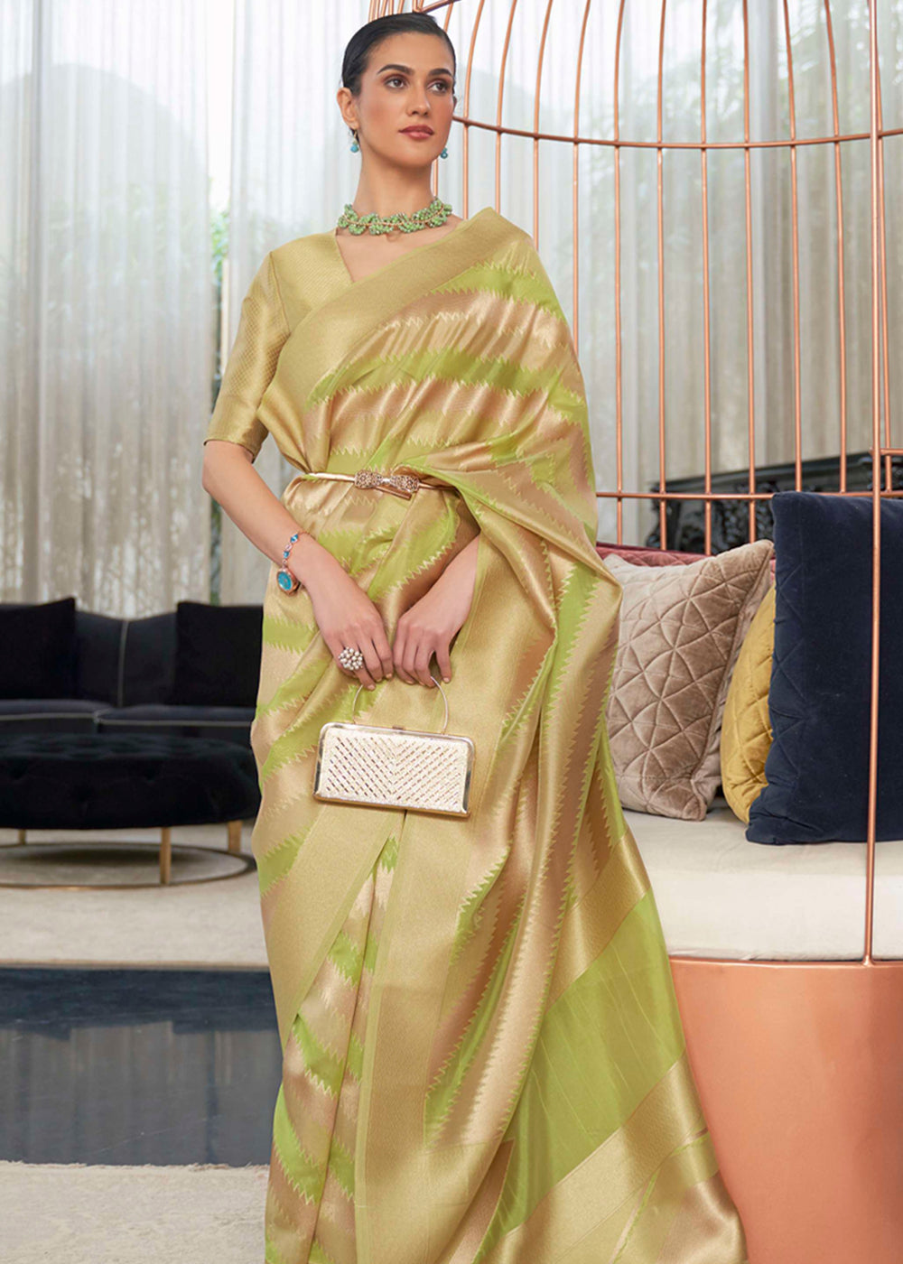 Buy MySilkLove Husk Green Woven Organza Banarasi Silk Saree Online
