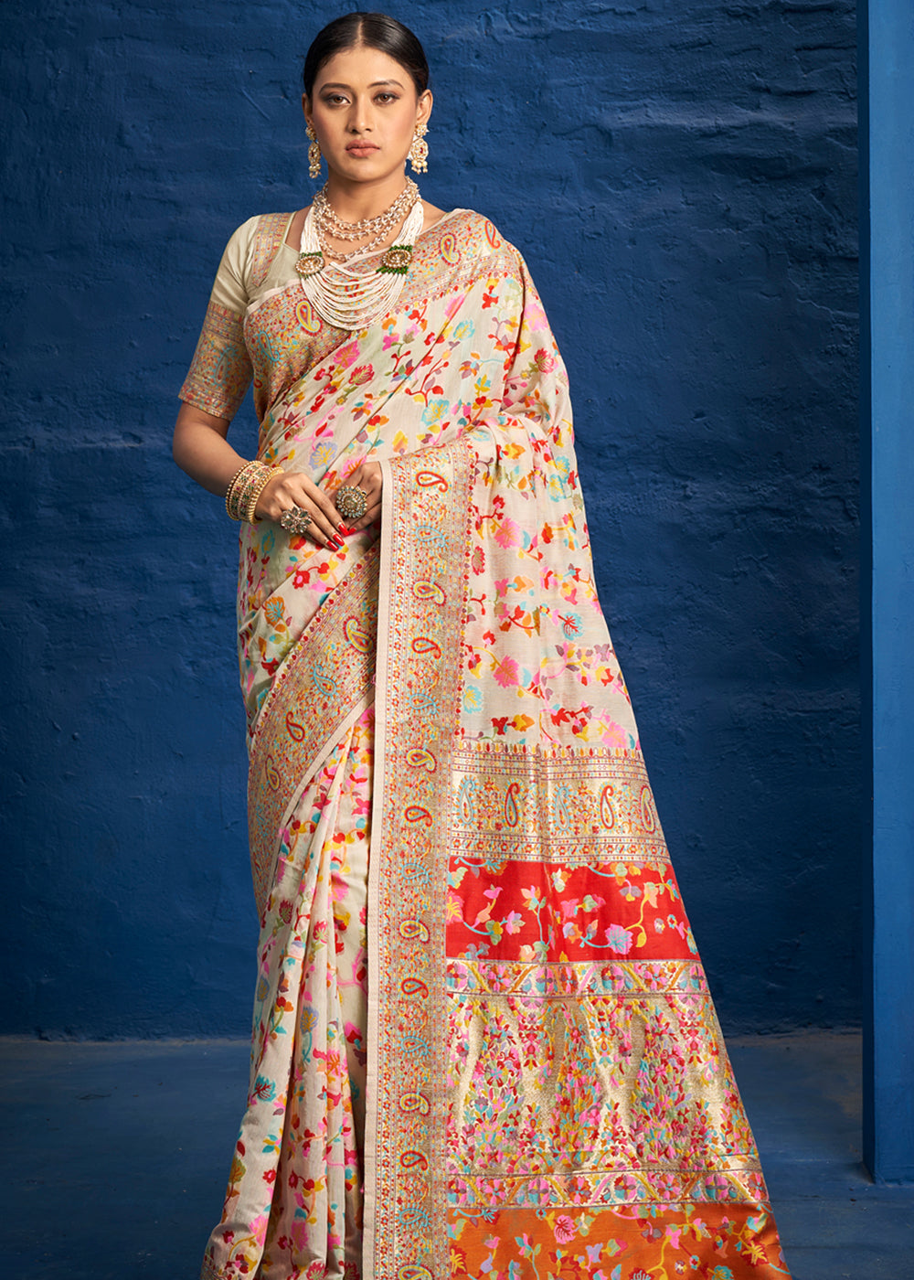 Buy MySilkLove Australian Mint Cream Woven Banarasi Jamewar Saree Online