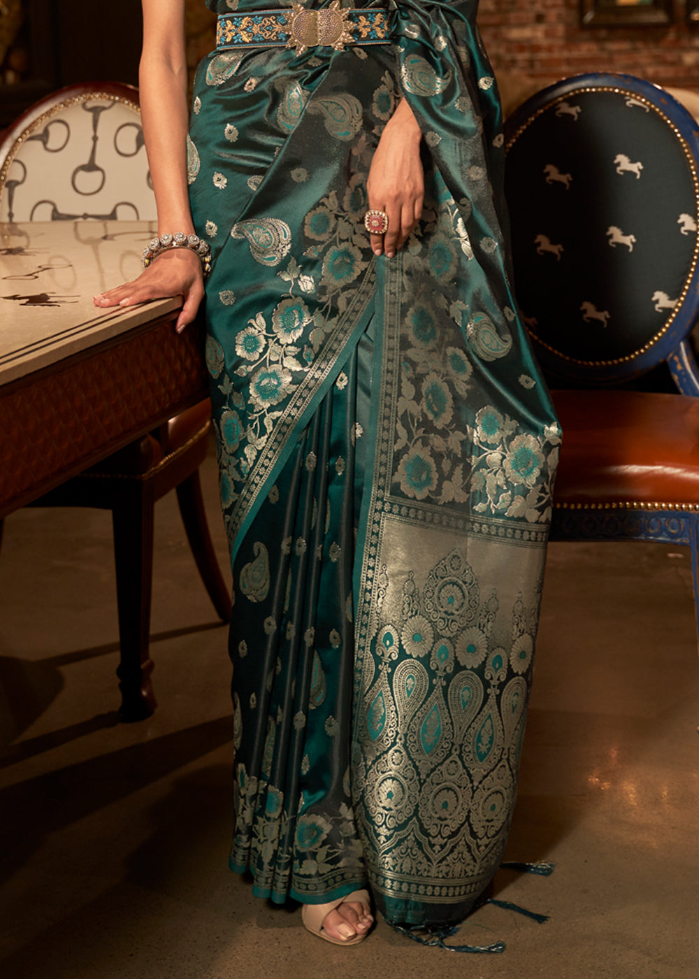 Buy MySilkLove Mineral Green Banarasi Woven Satin Silk Saree Online