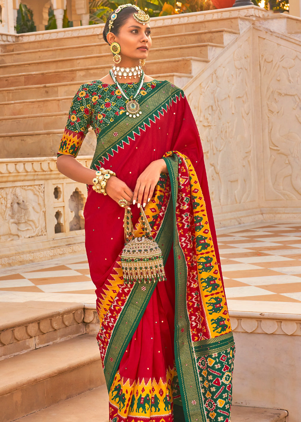 Buy MySilkLove Rusty Red and Green Woven Patola Silk Saree Online