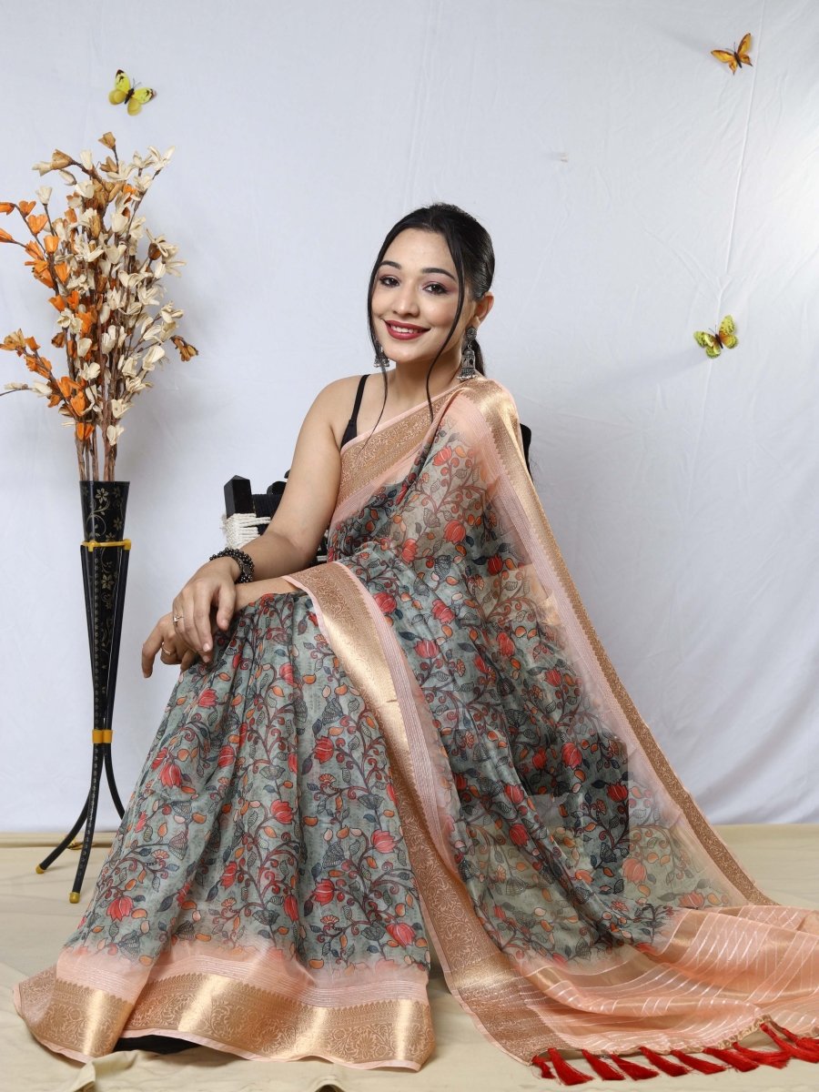 Buy MySilkLove Cloudy Grey Organza Kalamkari Printed with Sequins Jacquard Woven Saree Online