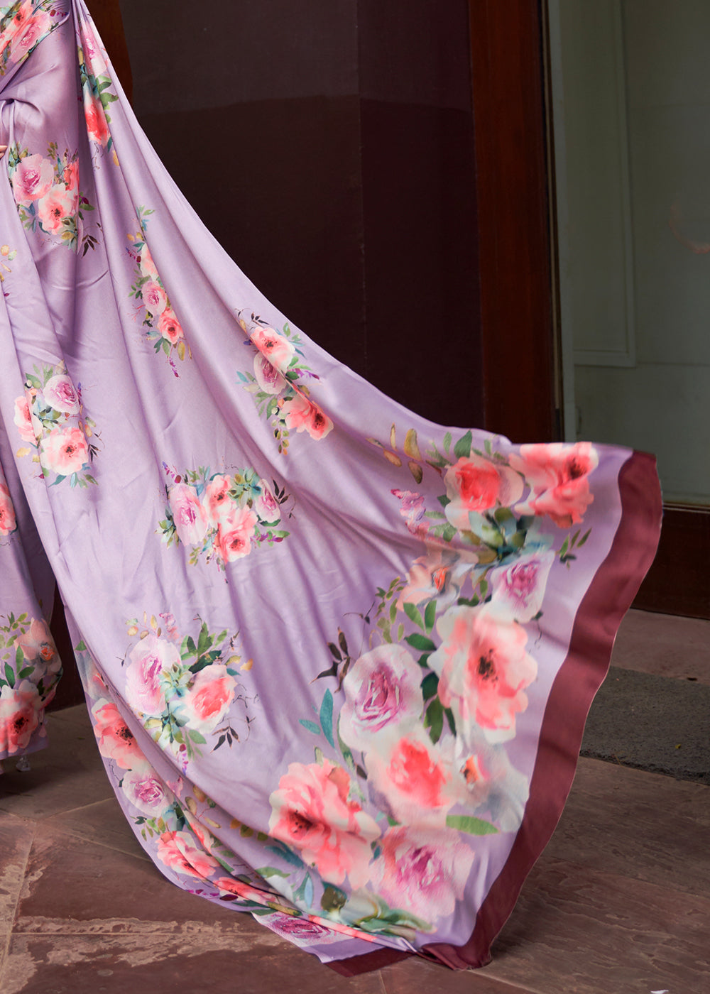 Buy MySilkLove Bouquet Purple Floral Printed Satin Silk Saree Online