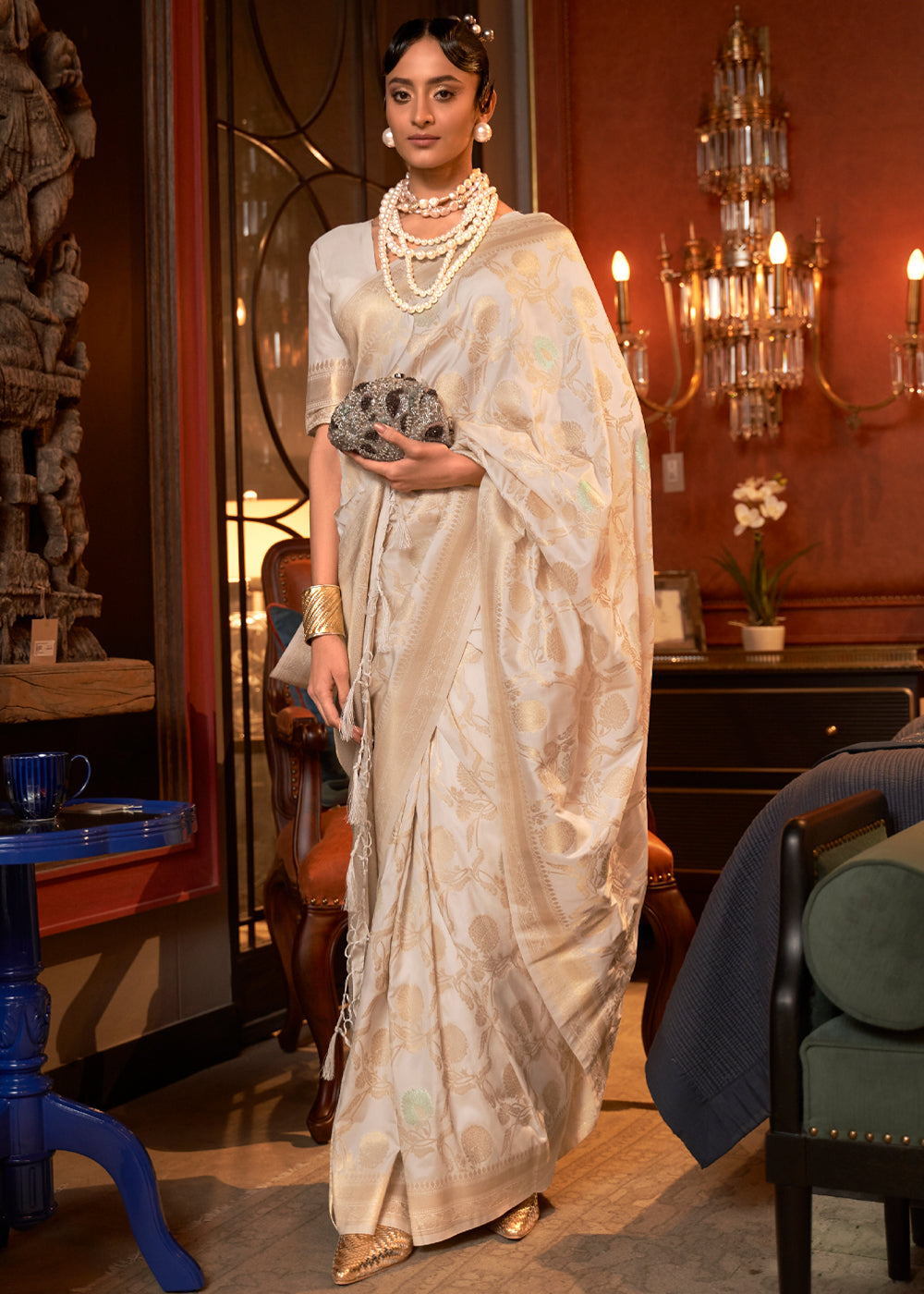 Buy MySilkLove Givry Cream Banarasi Brocade Silk Saree Online