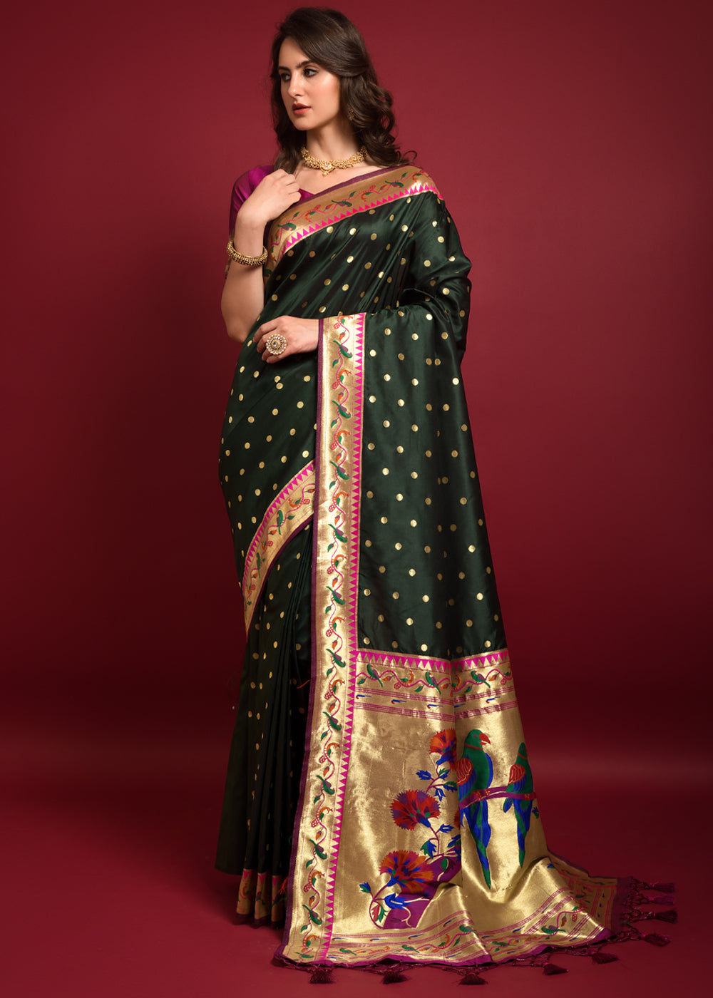 Buy MySilkLove Dark Leaf Green Woven Paithani Silk Saree Online