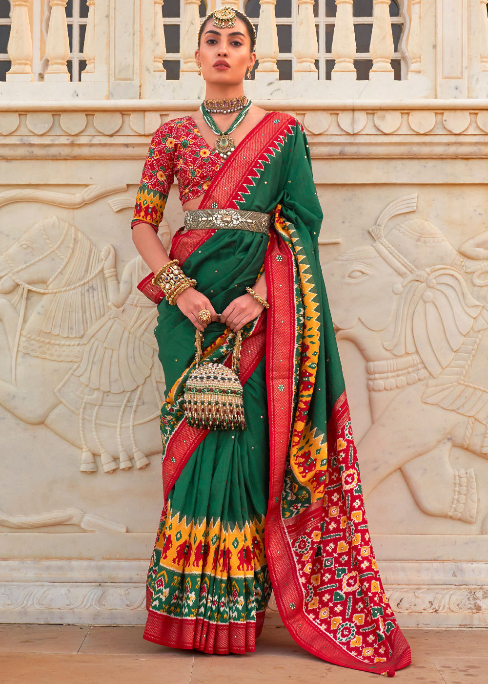 Buy MySilkLove Eucalyptus Green and Red Woven Patola Silk Saree Online