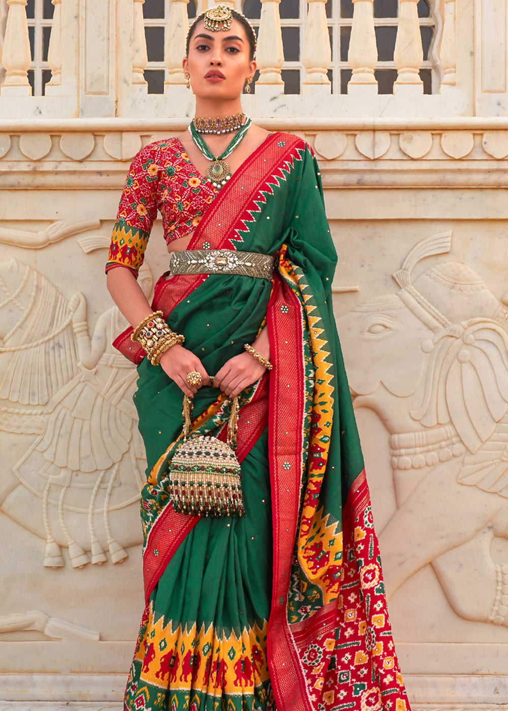 Buy MySilkLove Eucalyptus Green and Red Woven Patola Silk Saree Online