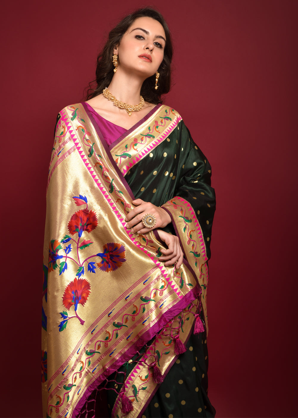 Buy MySilkLove Dark Leaf Green Woven Paithani Silk Saree Online