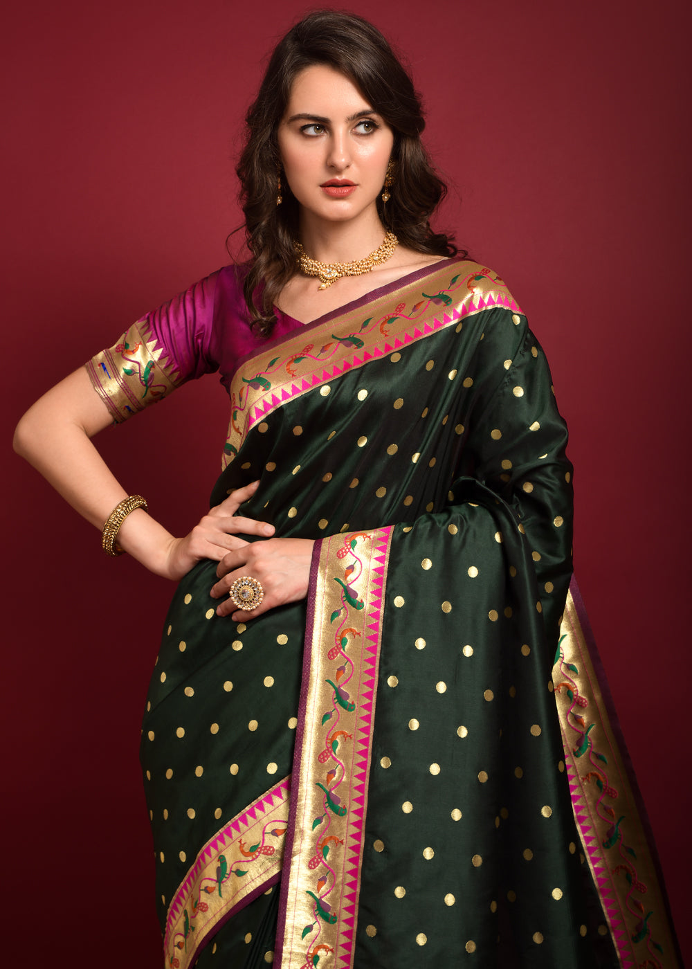 Buy MySilkLove Dark Leaf Green Woven Paithani Silk Saree Online