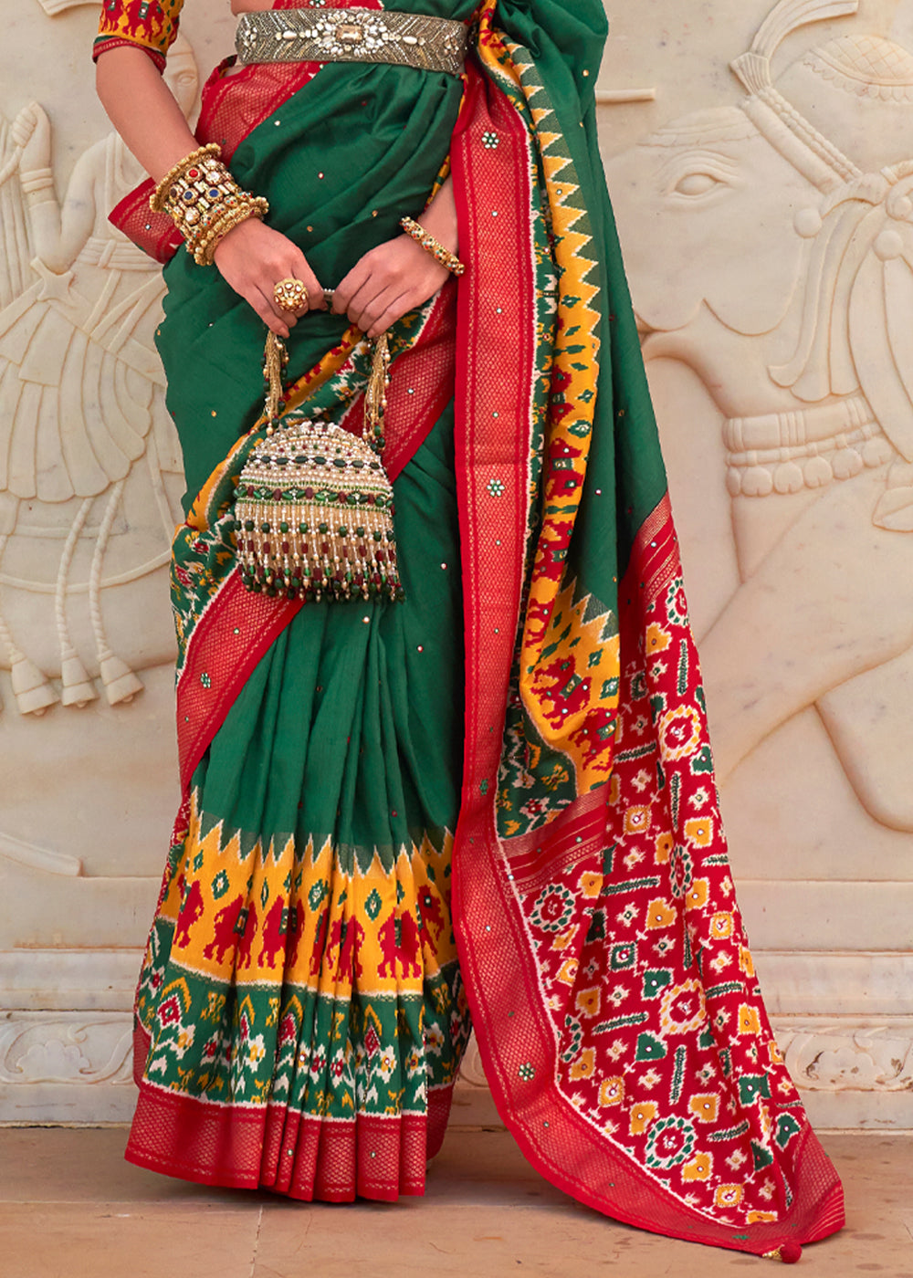 Buy MySilkLove Eucalyptus Green and Red Woven Patola Silk Saree Online