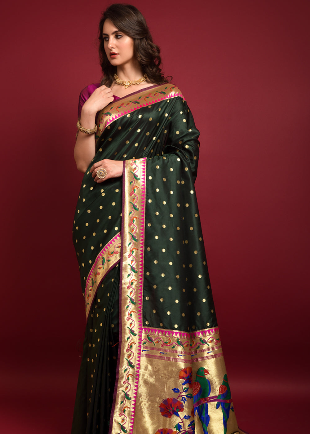 Buy MySilkLove Dark Leaf Green Woven Paithani Silk Saree Online