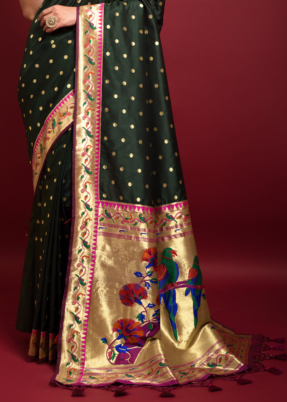 Buy MySilkLove Dark Leaf Green Woven Paithani Silk Saree Online
