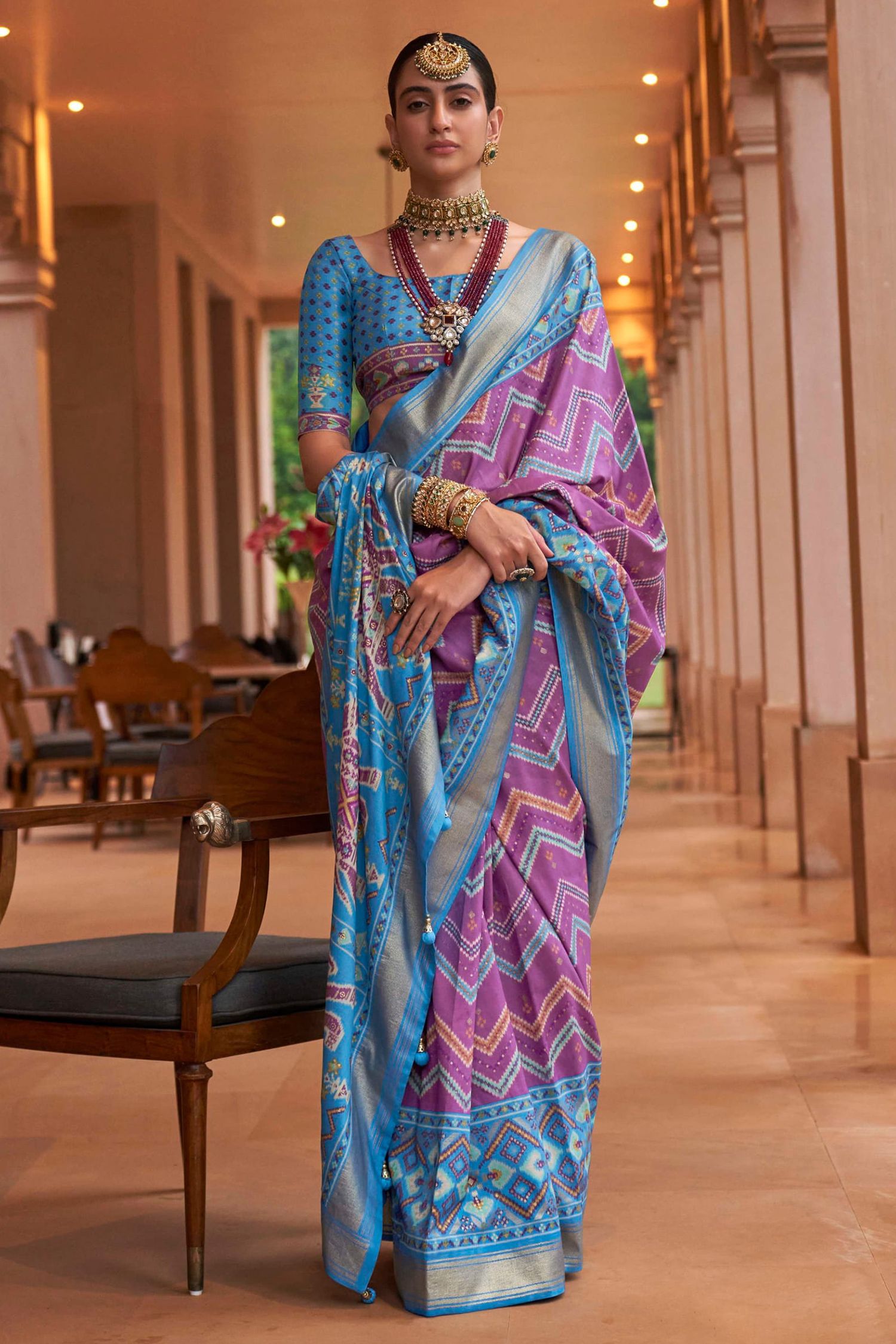Buy MySilkLove Glossy Grape Purple and Blue Patola Printed Silk Saree Online